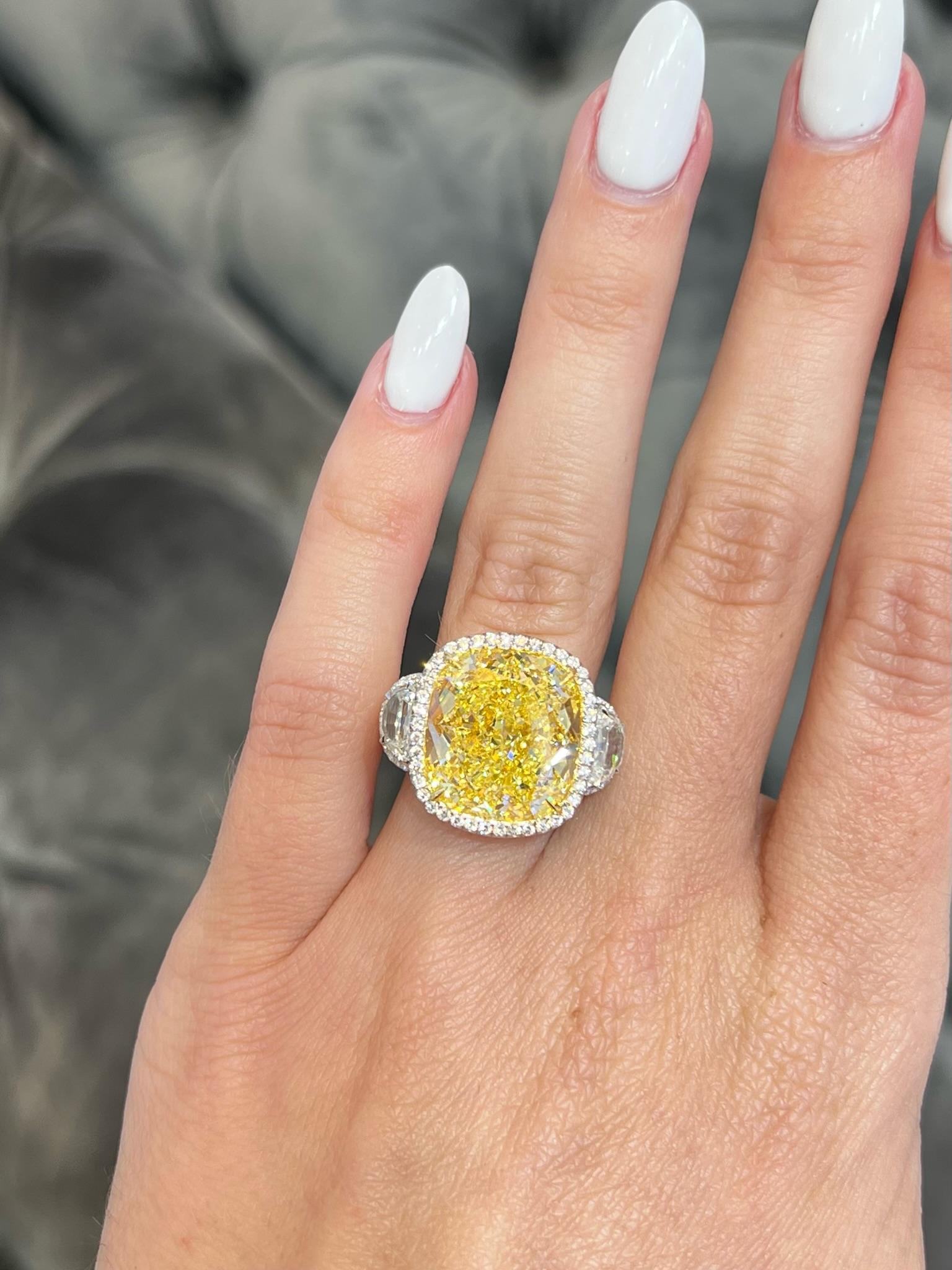 David Rosenberg 16.06 Carat Cushion Cut Fancy Yellow GIA Diamond Engagement Ring For Sale 2
