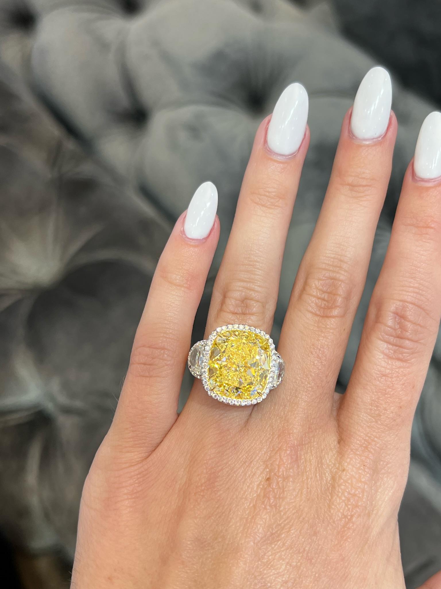 David Rosenberg 16.06 Carat Cushion Cut Fancy Yellow GIA Diamond Engagement Ring For Sale 1