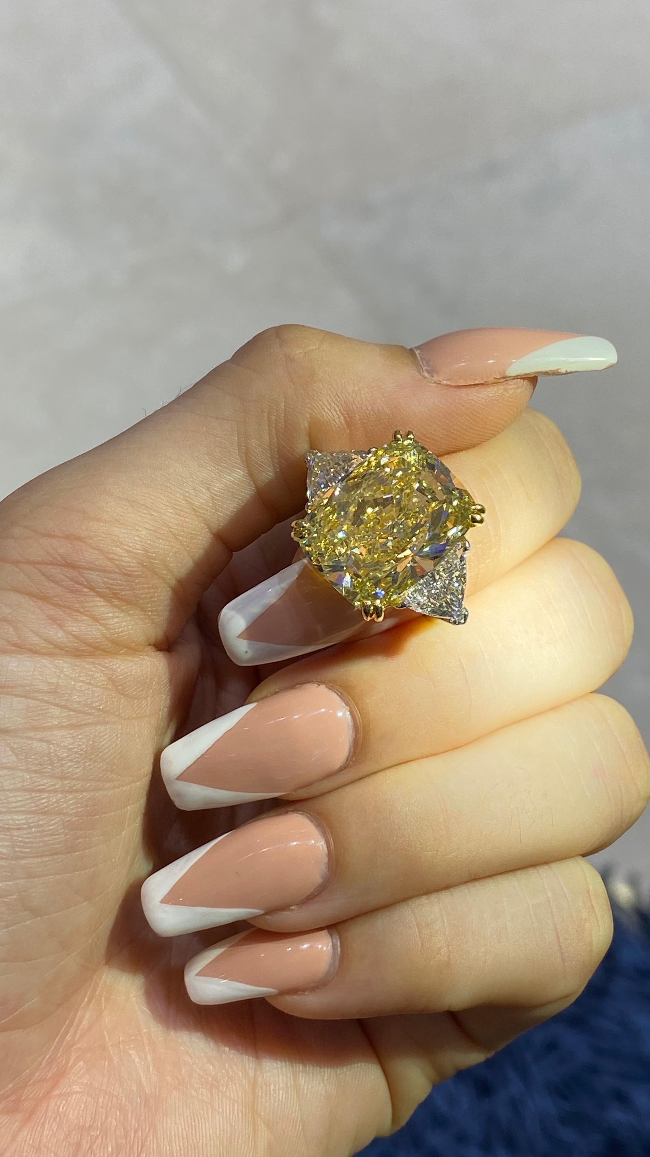 David Rosenberg 16.48 Carat Cushion Fancy Yellow GIA Diamond Engagement Ring 2