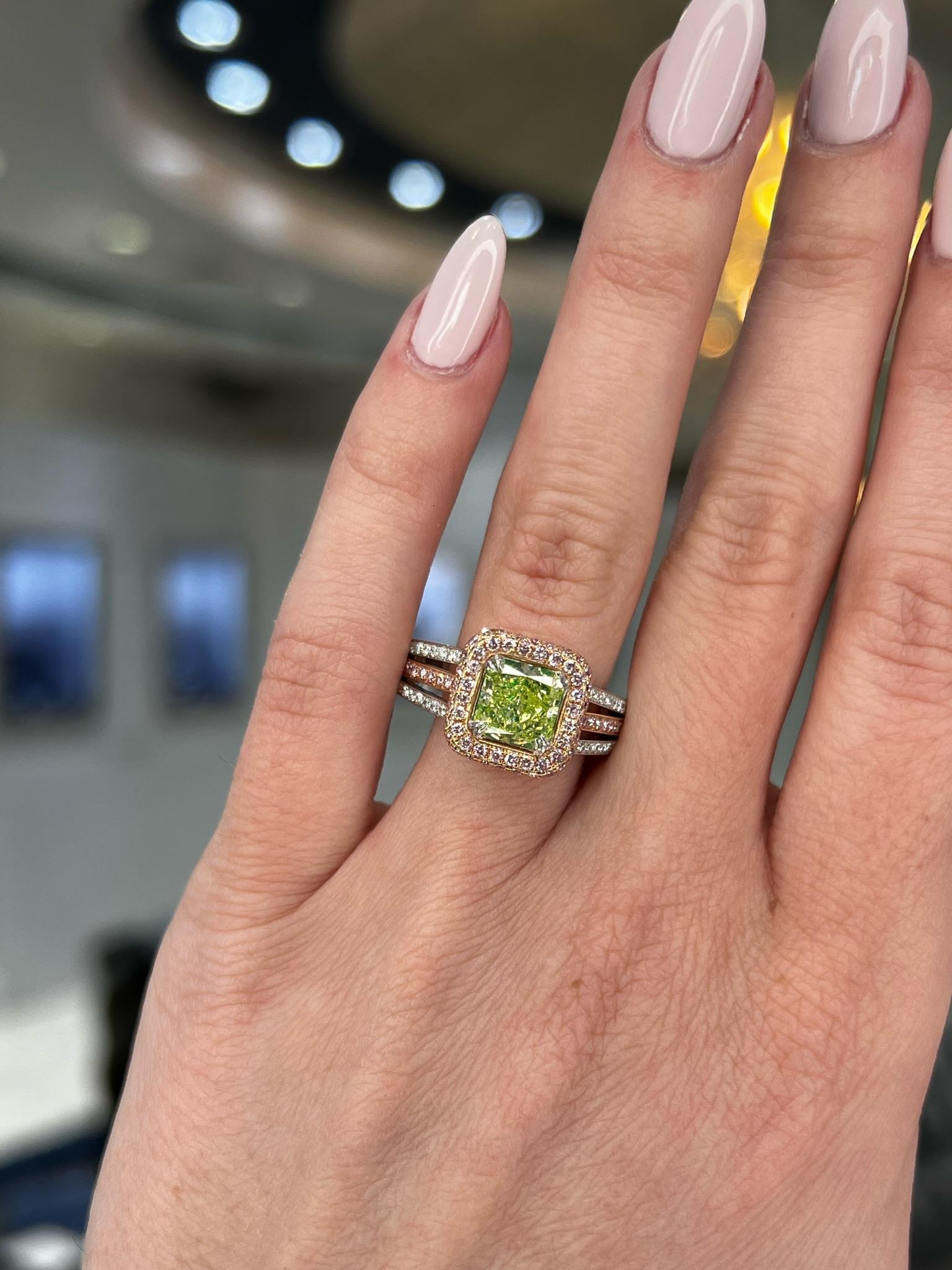 David Rosenberg 1.77 Carat Radiant Yellow, Green GIA Diamond Engagement Ring For Sale 1