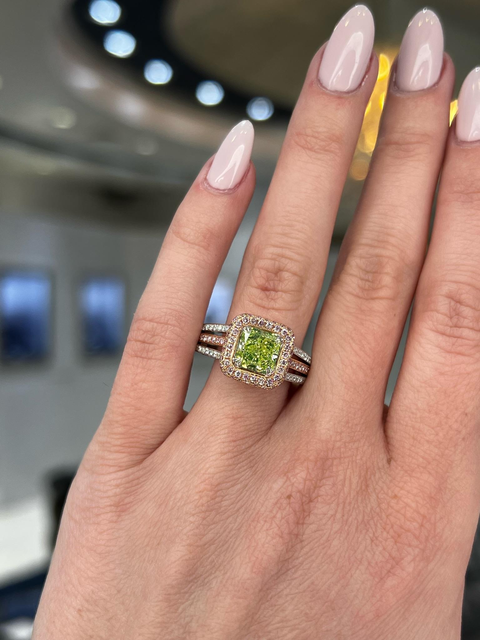 David Rosenberg 1.77 Carat Radiant Yellow, Green GIA Diamond Engagement Ring For Sale 2