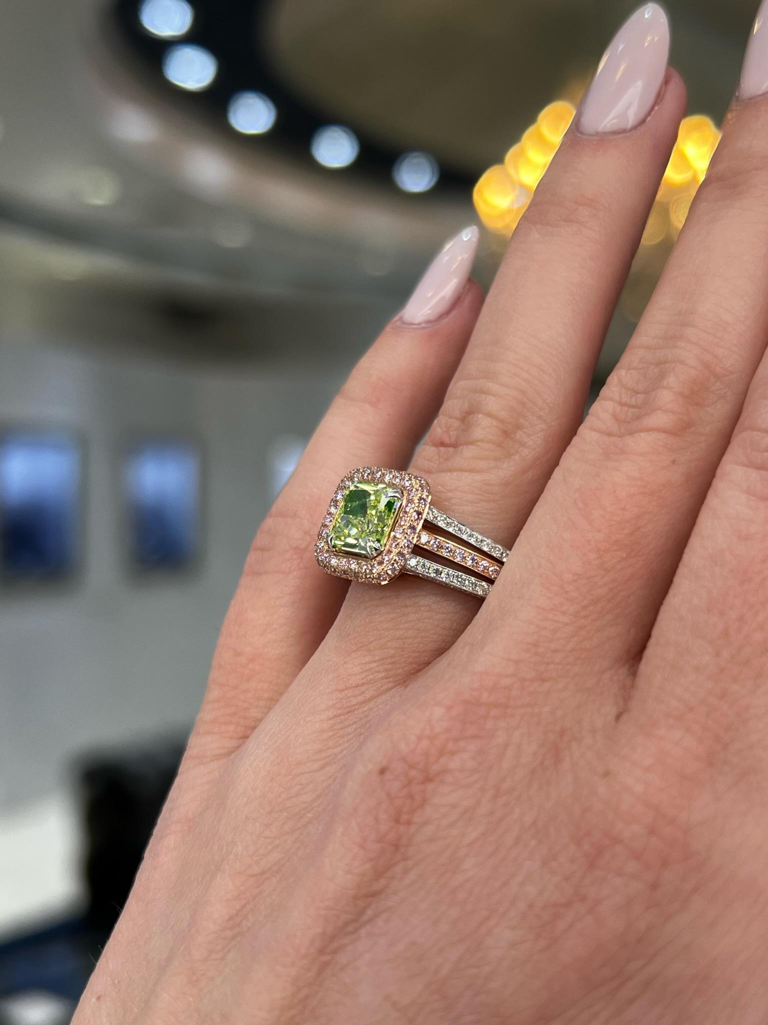 David Rosenberg 1.77 Carat Radiant Yellow, Green GIA Diamond Engagement Ring For Sale 3