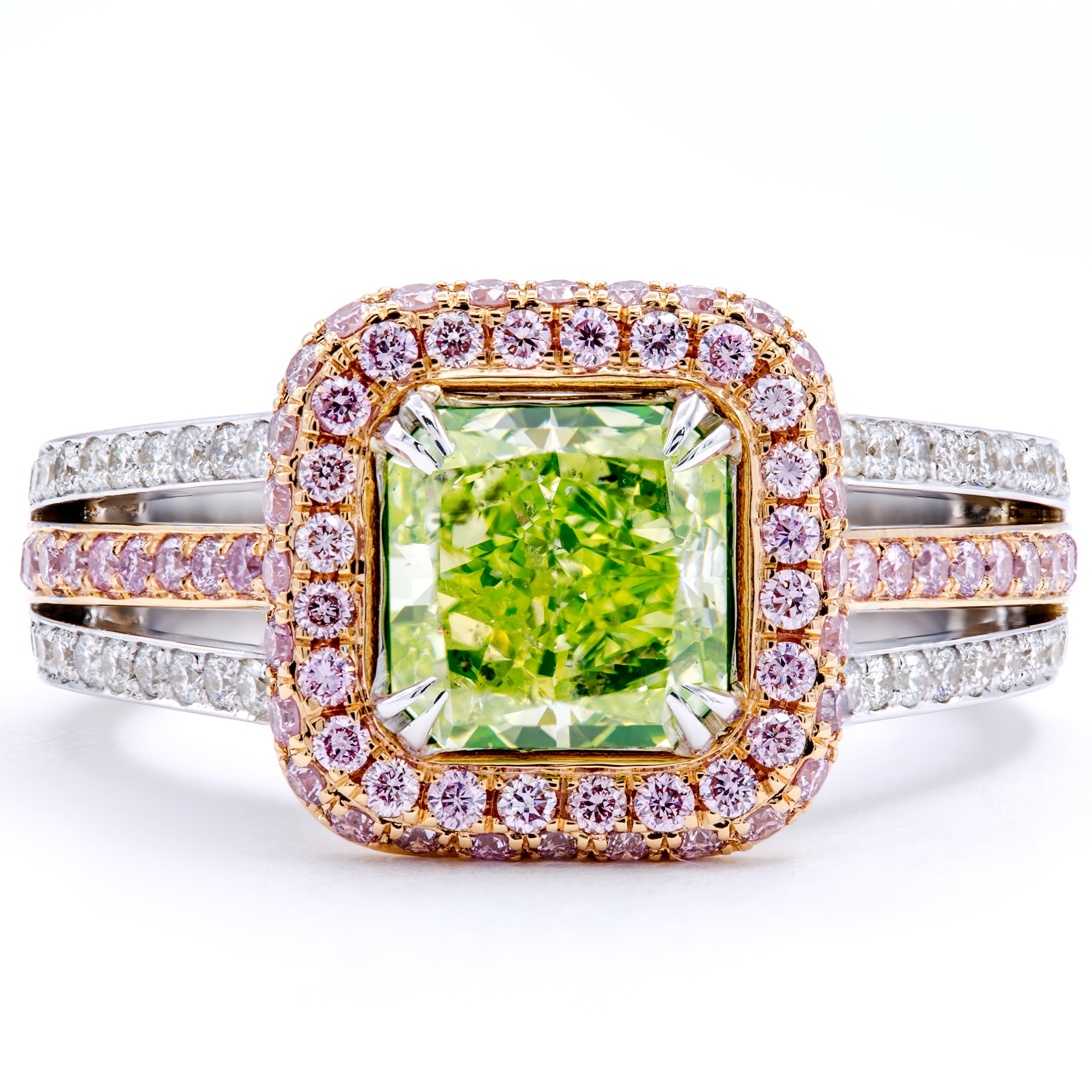 A natural fancy intense yellow green radiant diamond drips with color in this truly unique Rosenberg Diamonds & Co. engagement ring. The center stone weighs in at 1.77 carats and is surrounded by a tight embrace of pink and white round brilliant