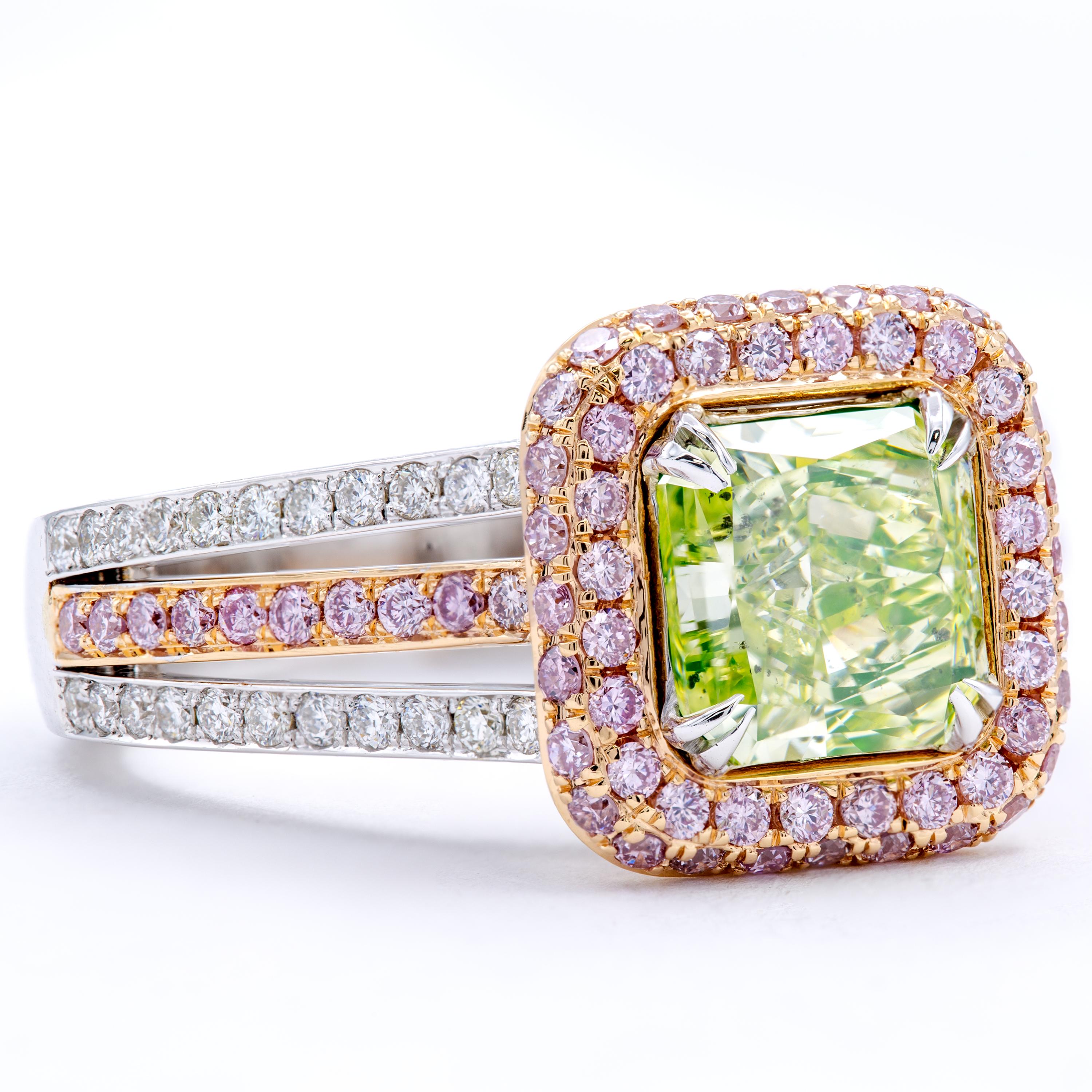 Modern David Rosenberg 1.77 Carat Radiant Yellow, Green GIA Diamond Engagement Ring For Sale