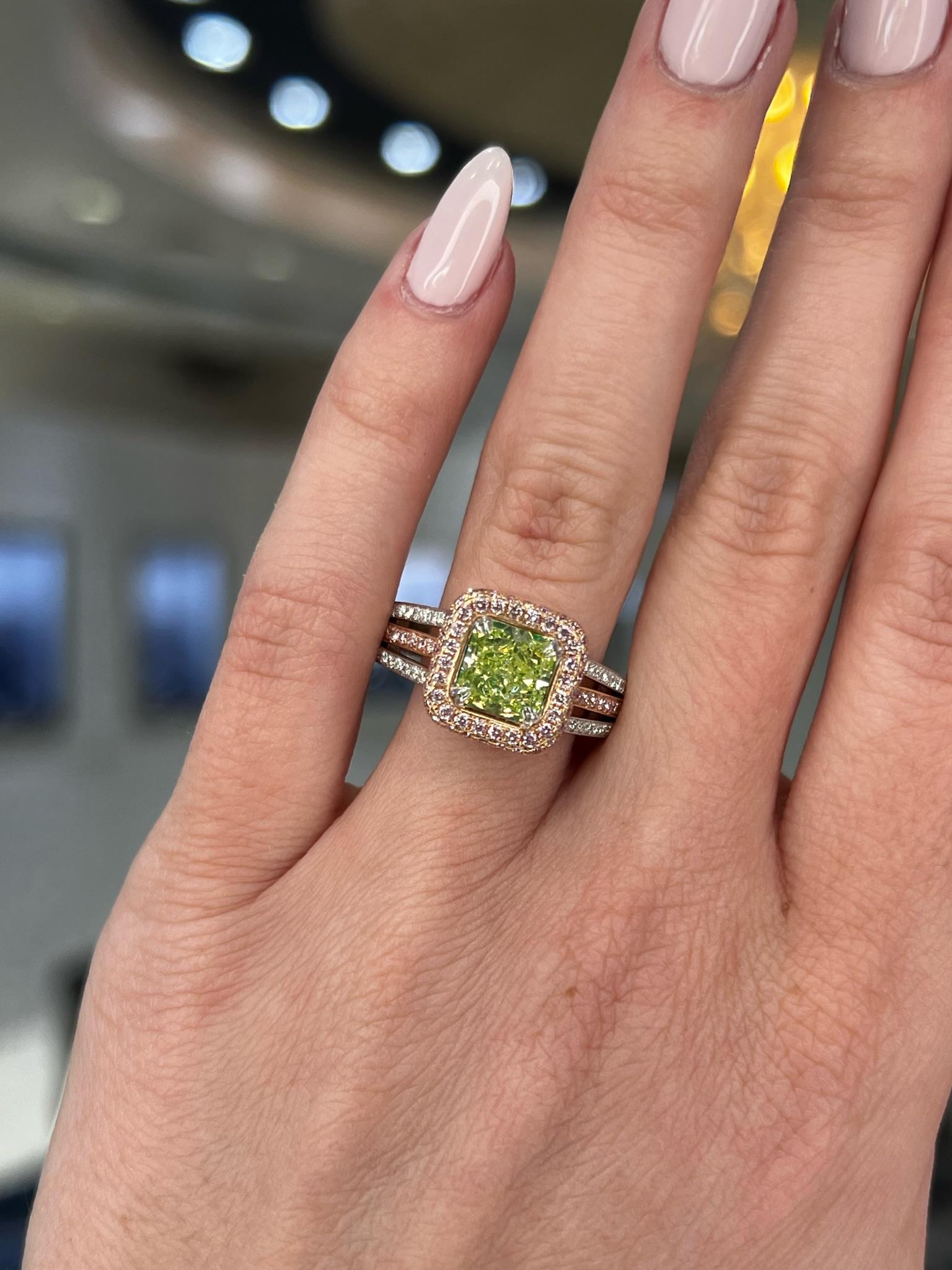 David Rosenberg 1.77 Carat Radiant Yellow, Green GIA Diamond Engagement Ring In New Condition For Sale In Boca Raton, FL