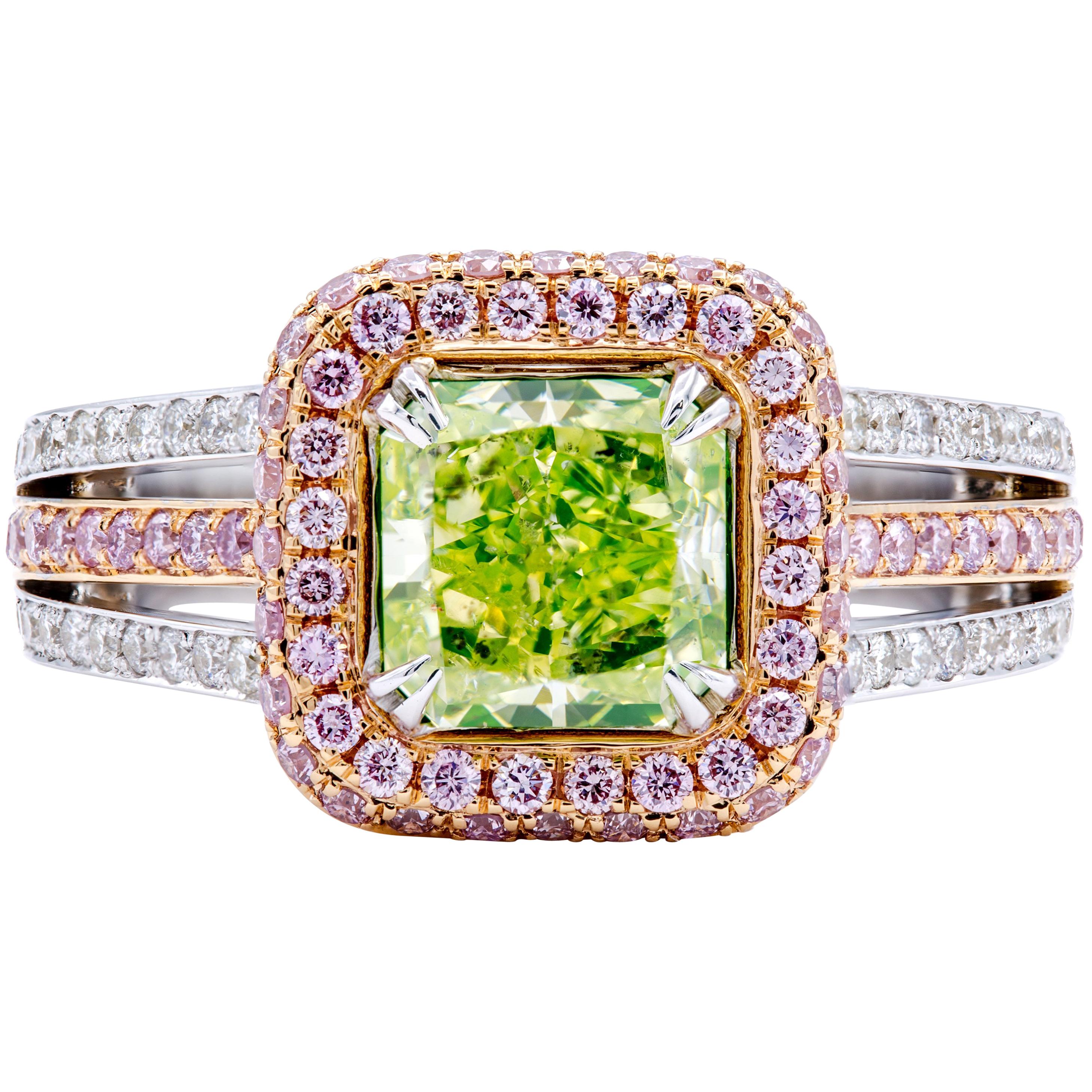 David Rosenberg 1.77 Carat Radiant Yellow, Green GIA Diamond Engagement Ring
