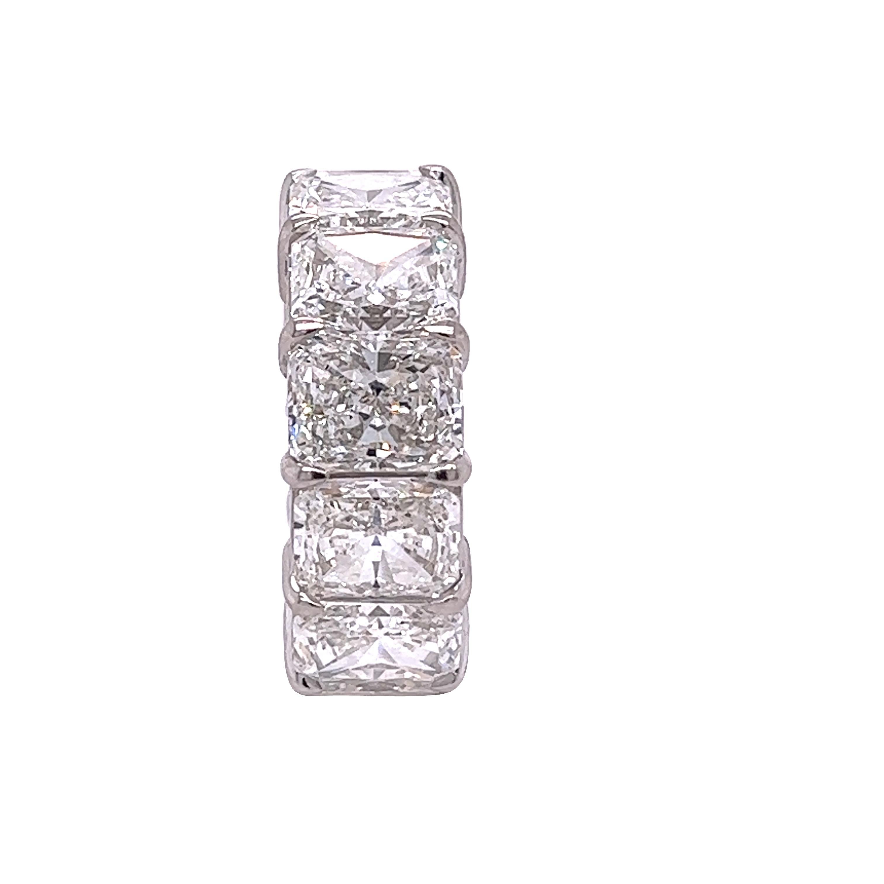 Rosenberg Diamonds & Co. 18.24 total carat weight Radiant cut diamond eternity band. This beautiful platinum eternity band has twelve elongated radiant cut diamonds ranging from G-H in color VVS1-VS2 in clarity with an average of just over one and a
