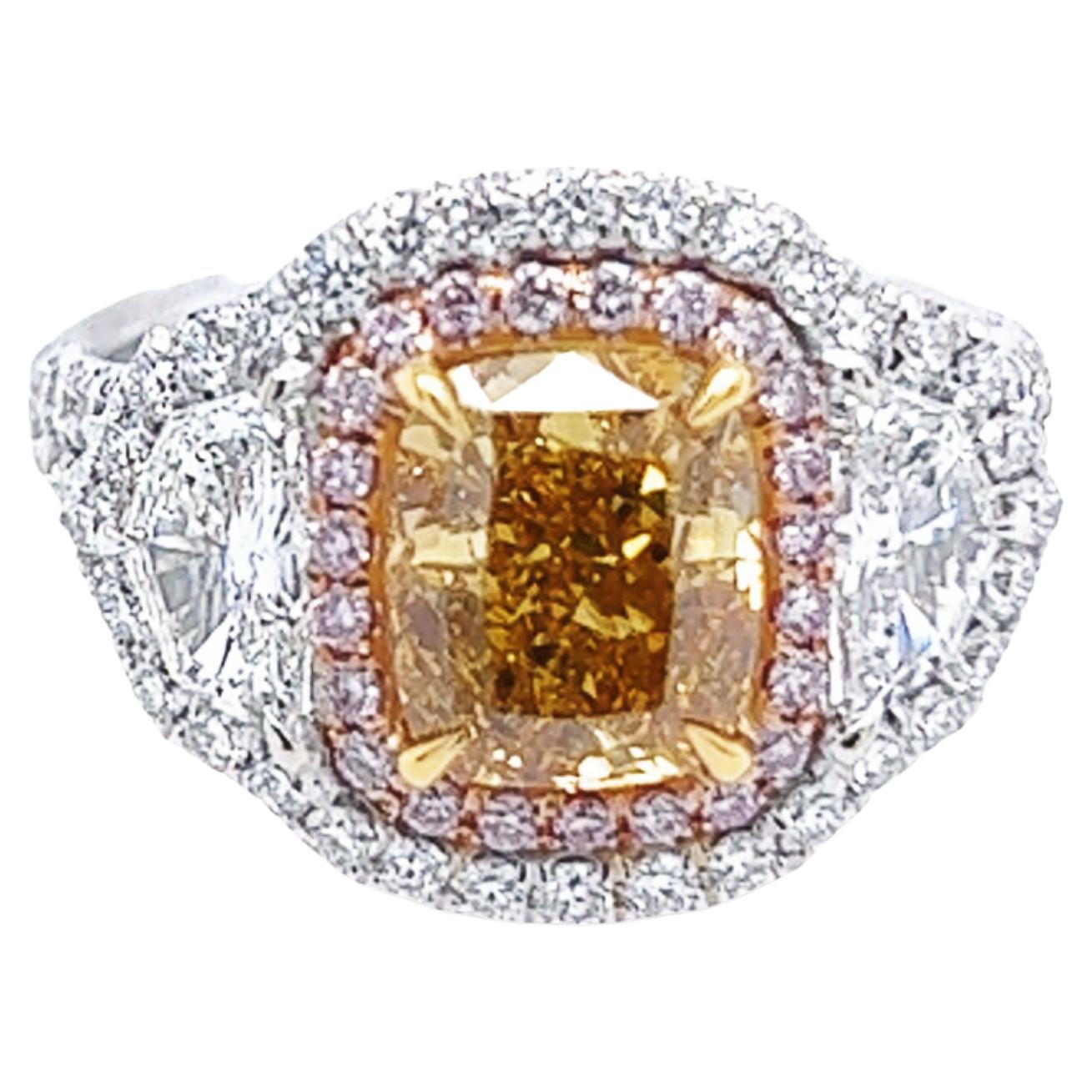 David Rosenberg 2.05 Carat Cushion Fancy Intense Orange GIA Diamond Ring For Sale