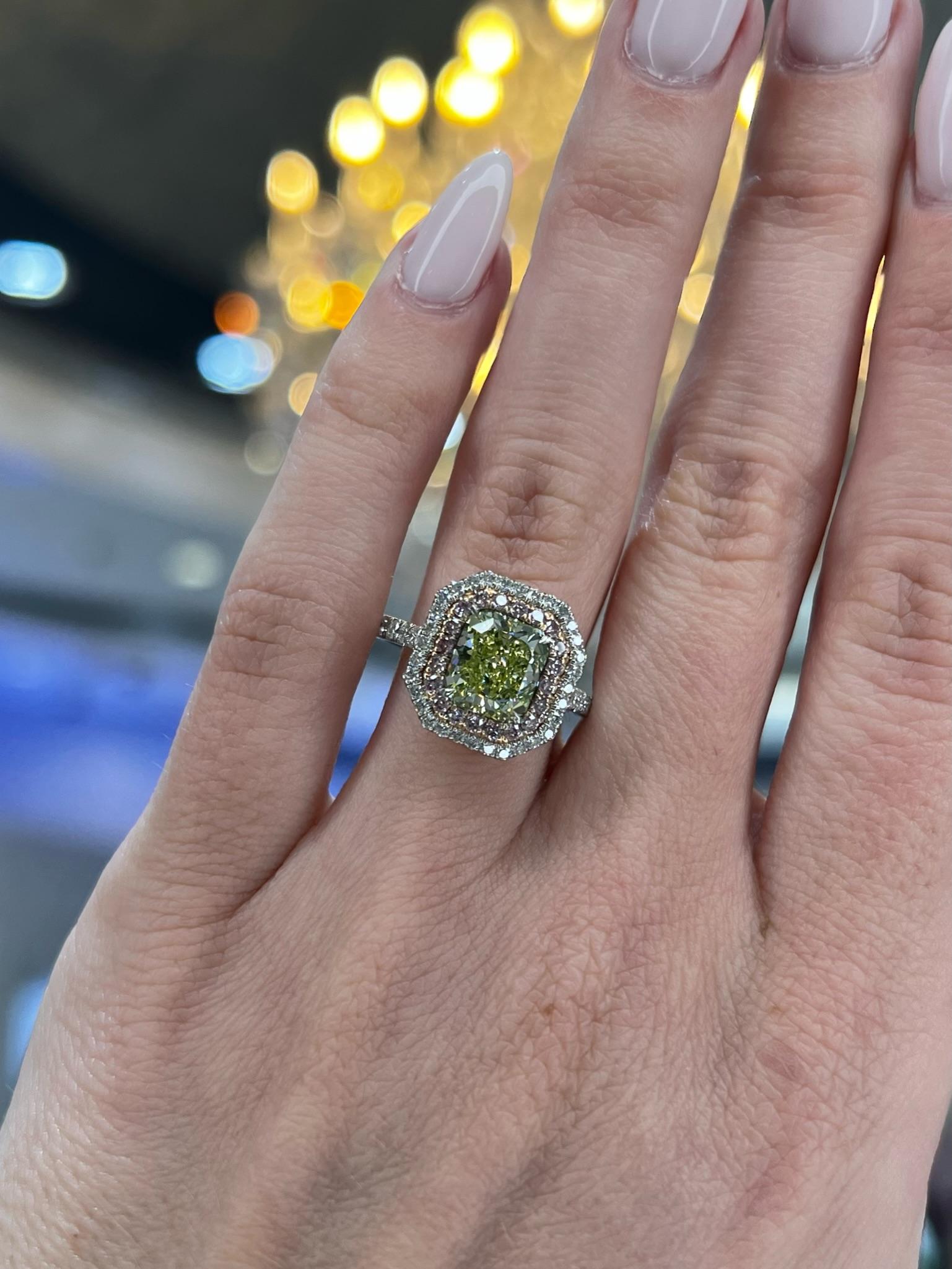 David Rosenberg 2.07 Carat Radiant Fancy Green Yellow GIA Diamond Ring For Sale 5