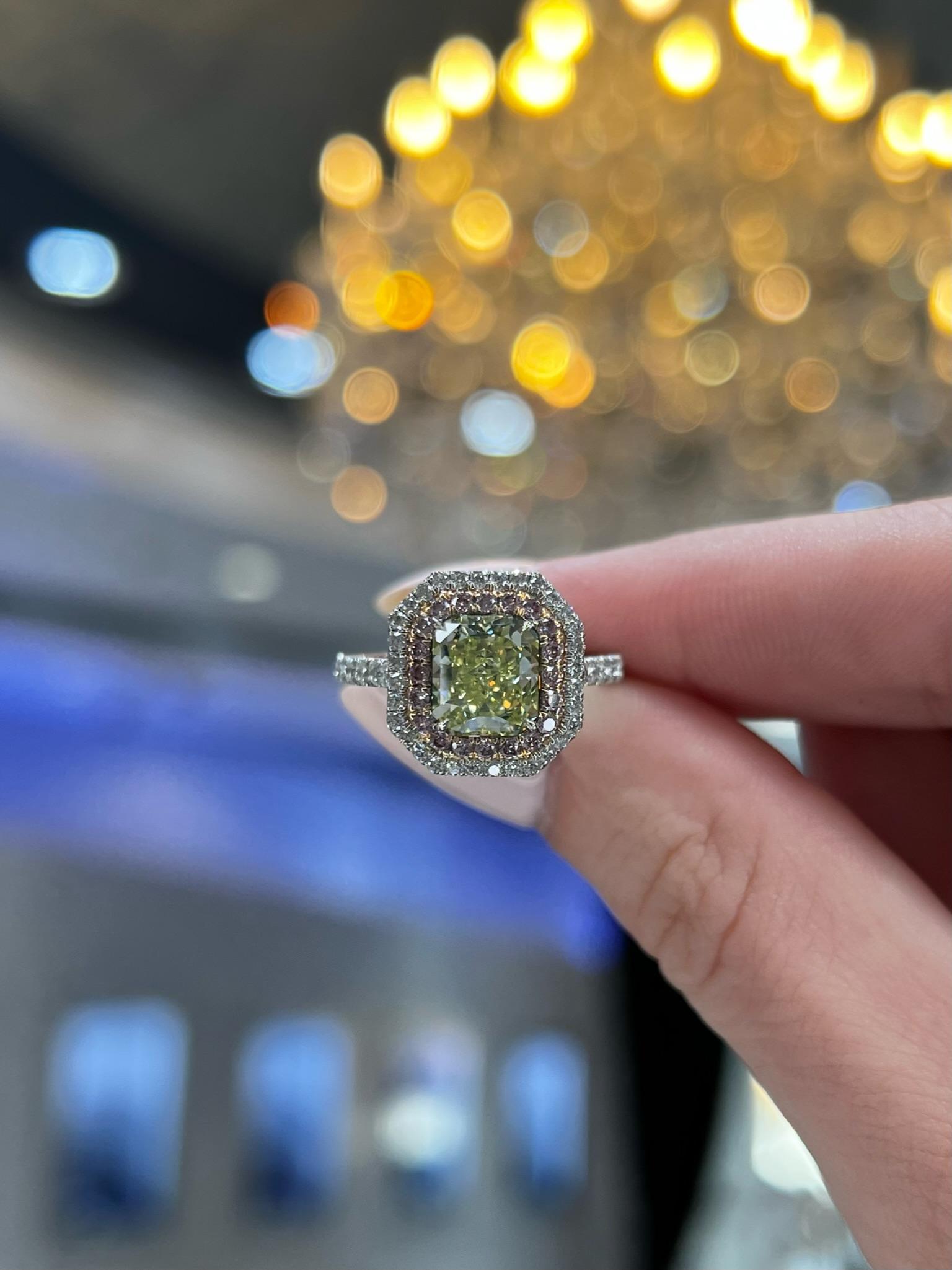 David Rosenberg 2.07 Carat Radiant Fancy Green Yellow GIA Diamond Ring For Sale 8