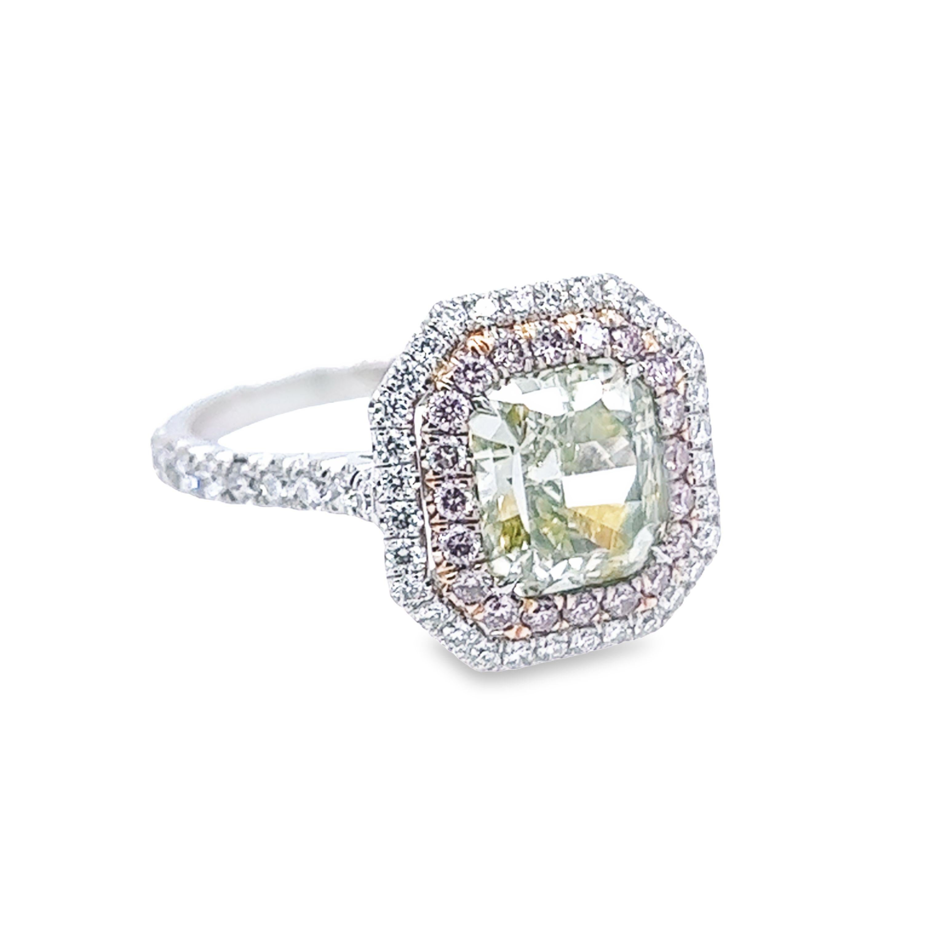 David Rosenberg 2.07 Carat Radiant Fancy Green Yellow GIA Diamond Ring For Sale 1