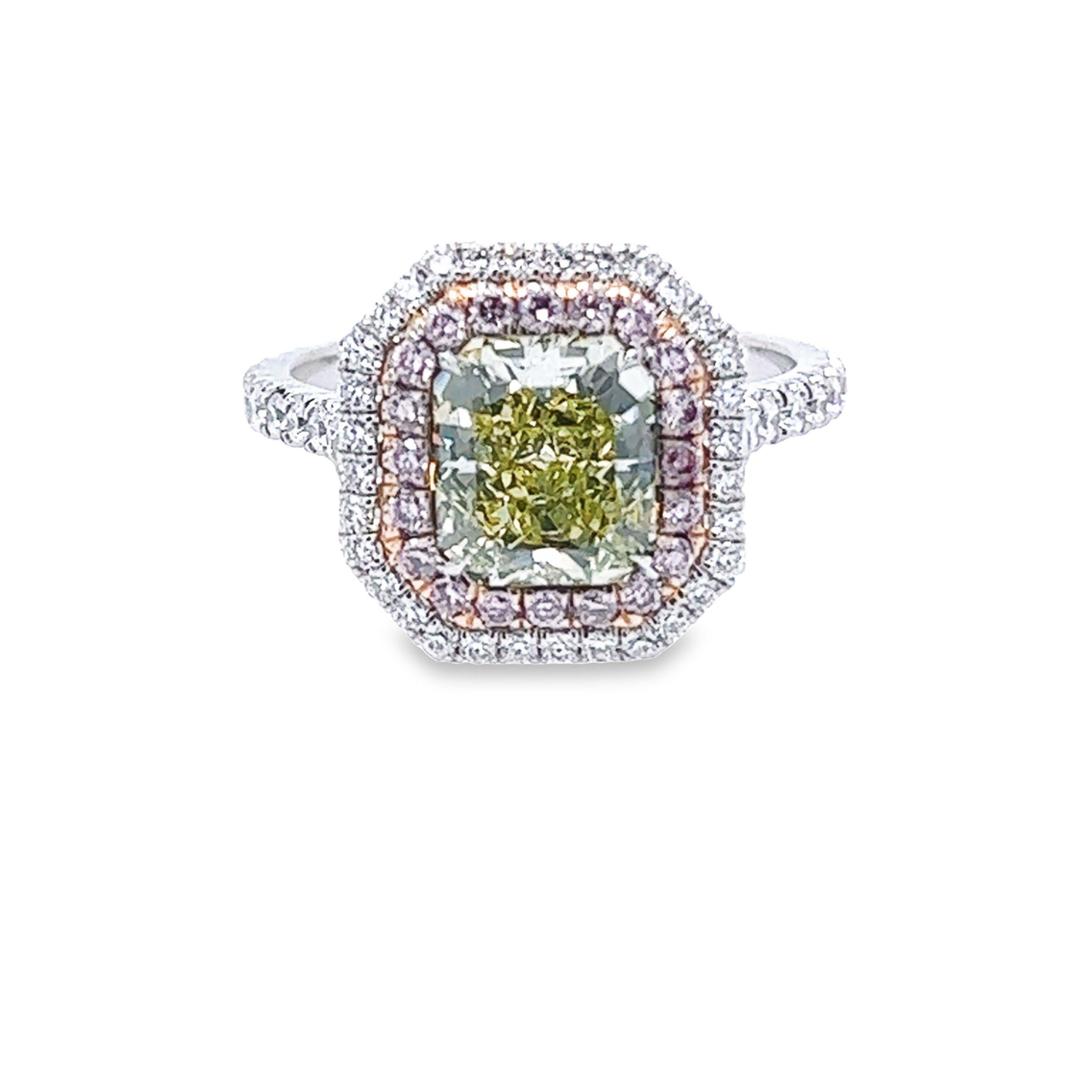 David Rosenberg 2.07 Carat Radiant Fancy Green Yellow GIA Diamond Ring For Sale 2