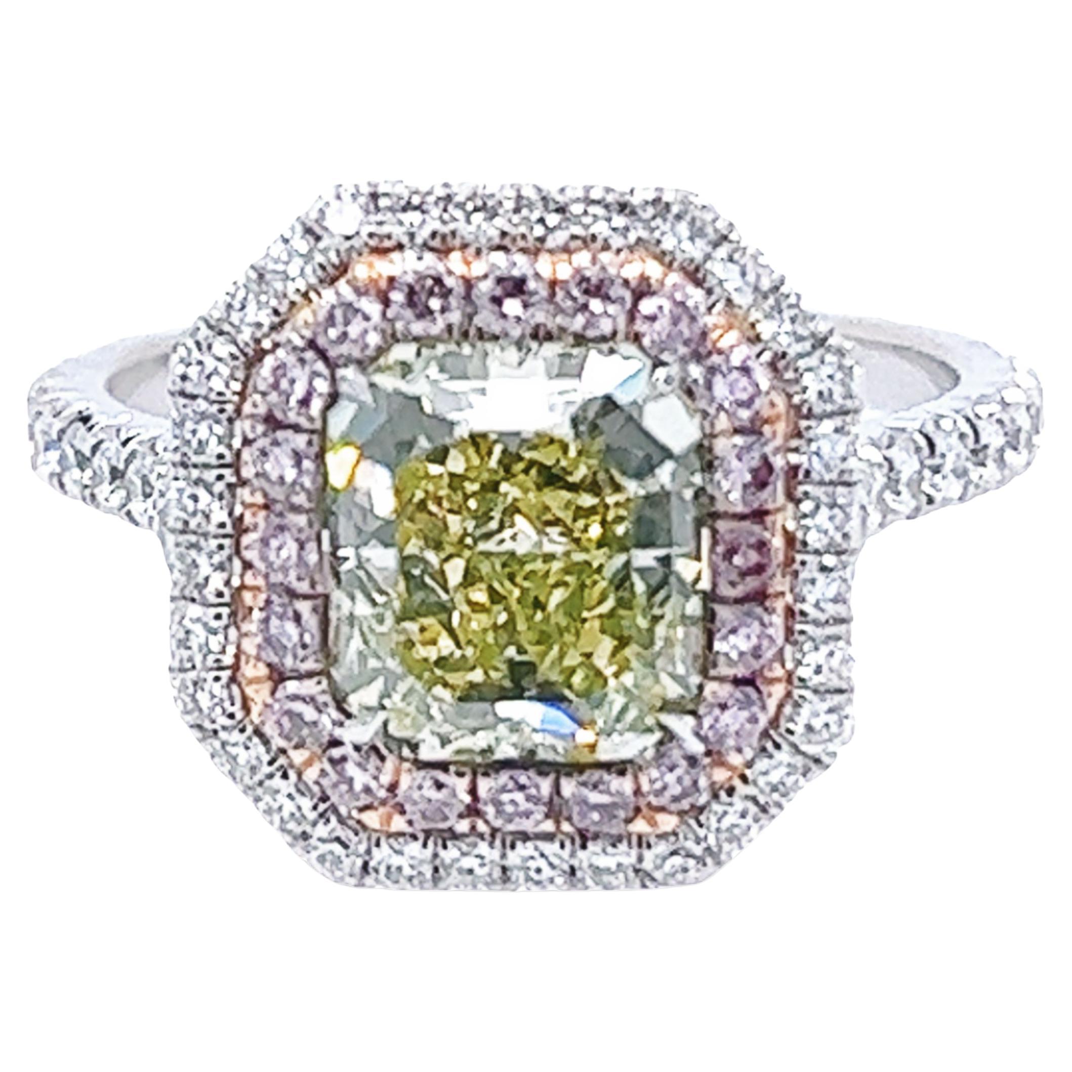 David Rosenberg 2.07 Carat Radiant Fancy Green Yellow GIA Diamond Ring For Sale
