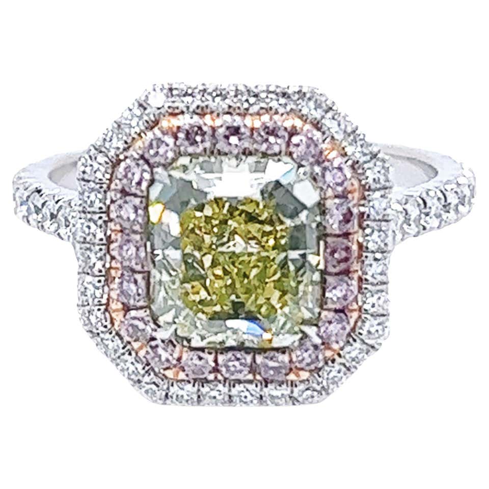 David Rosenberg 2.07 Carat Radiant Fancy Green Yellow GIA Diamond Ring ...