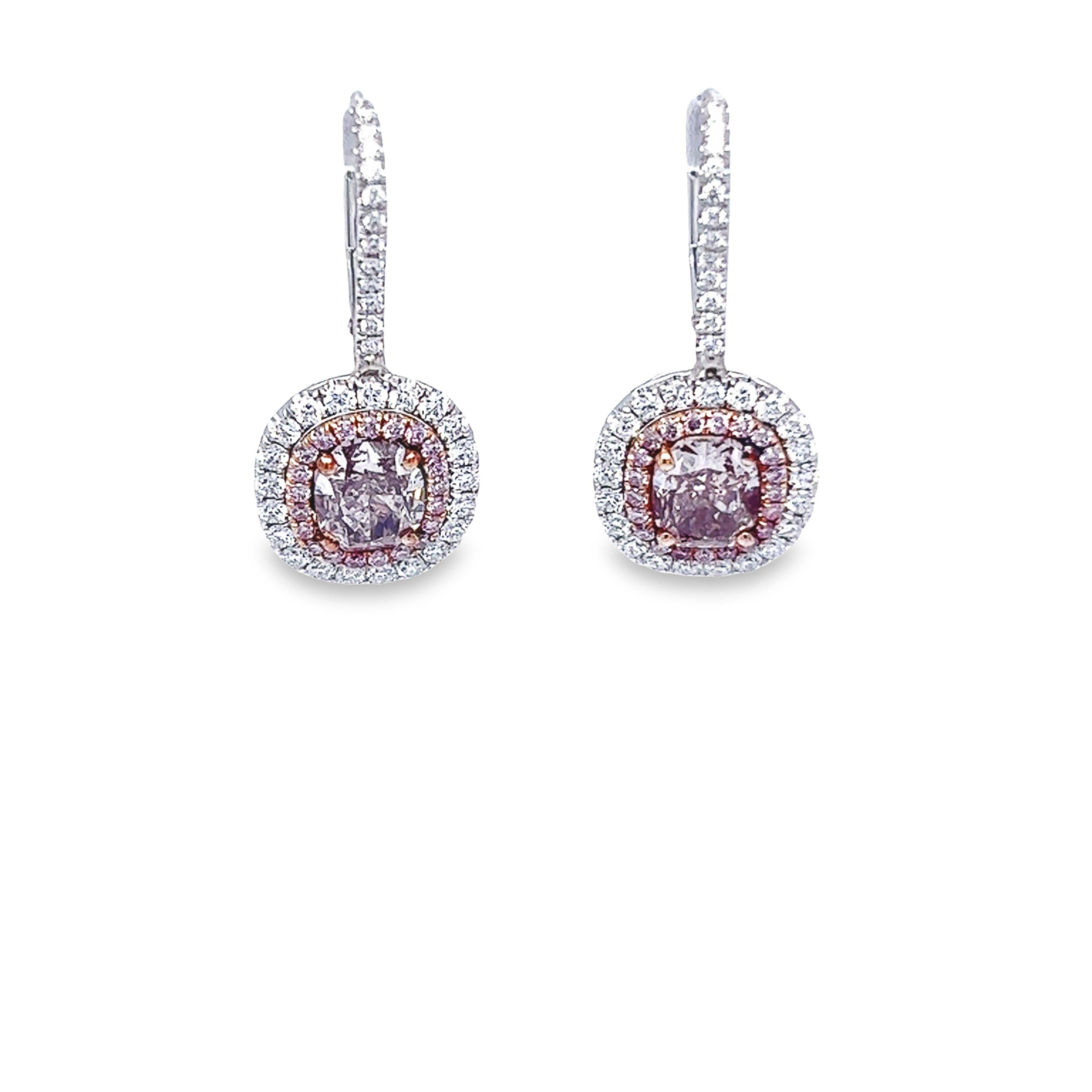 A beautifully matched 2.08 total carat weight Cushion Fancy Brownish Pink SI1-SI2 clarity diamond earrings are GIA Certified. These gorgeous light weight dangling earrings are set in 18k white & rose gold also with an elegant micro pave pink & white
