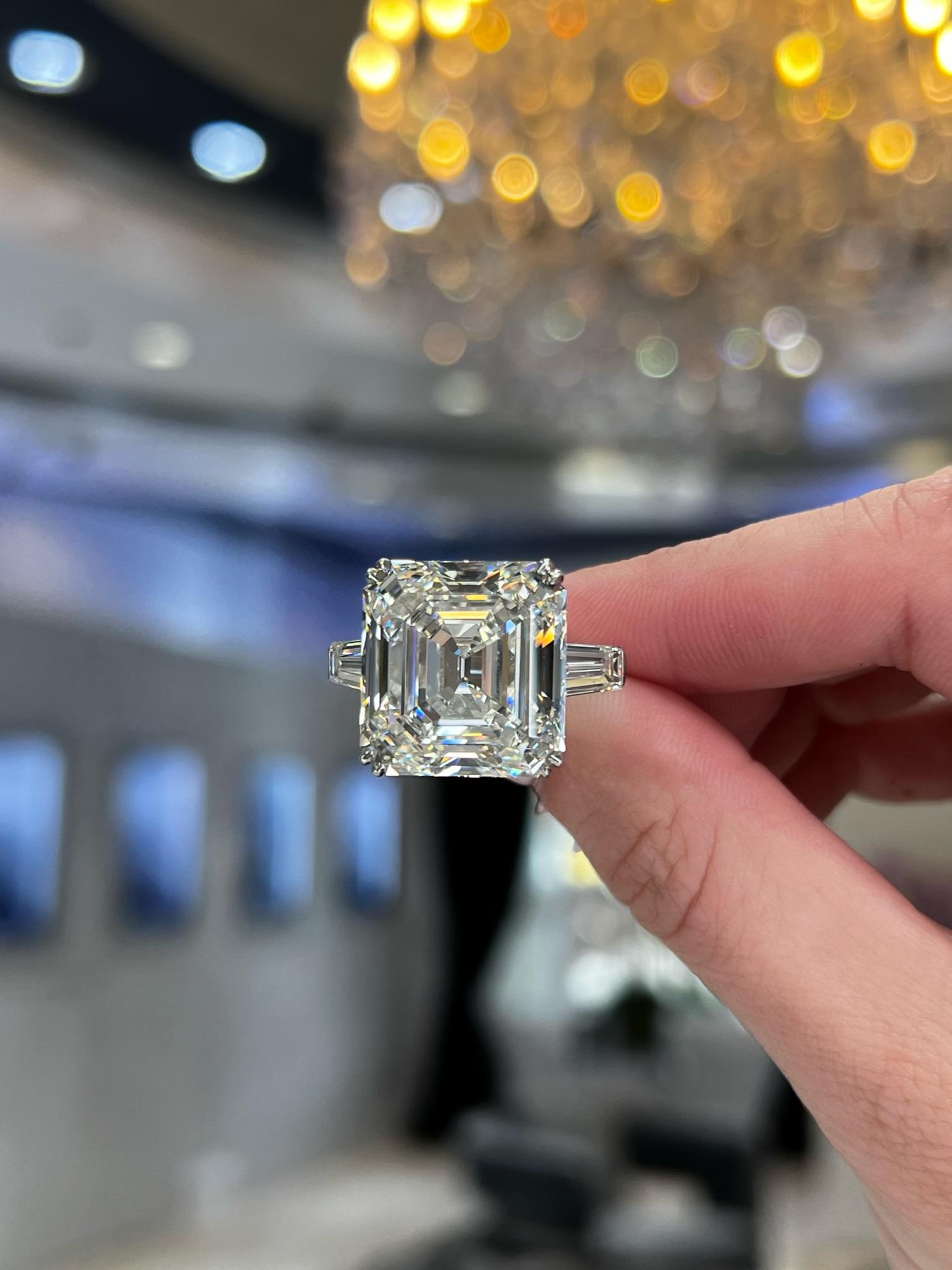 David Rosenberg 22.18 Carat Asscher Cut GIA Three Stone Diamond Engagement Ring For Sale 2