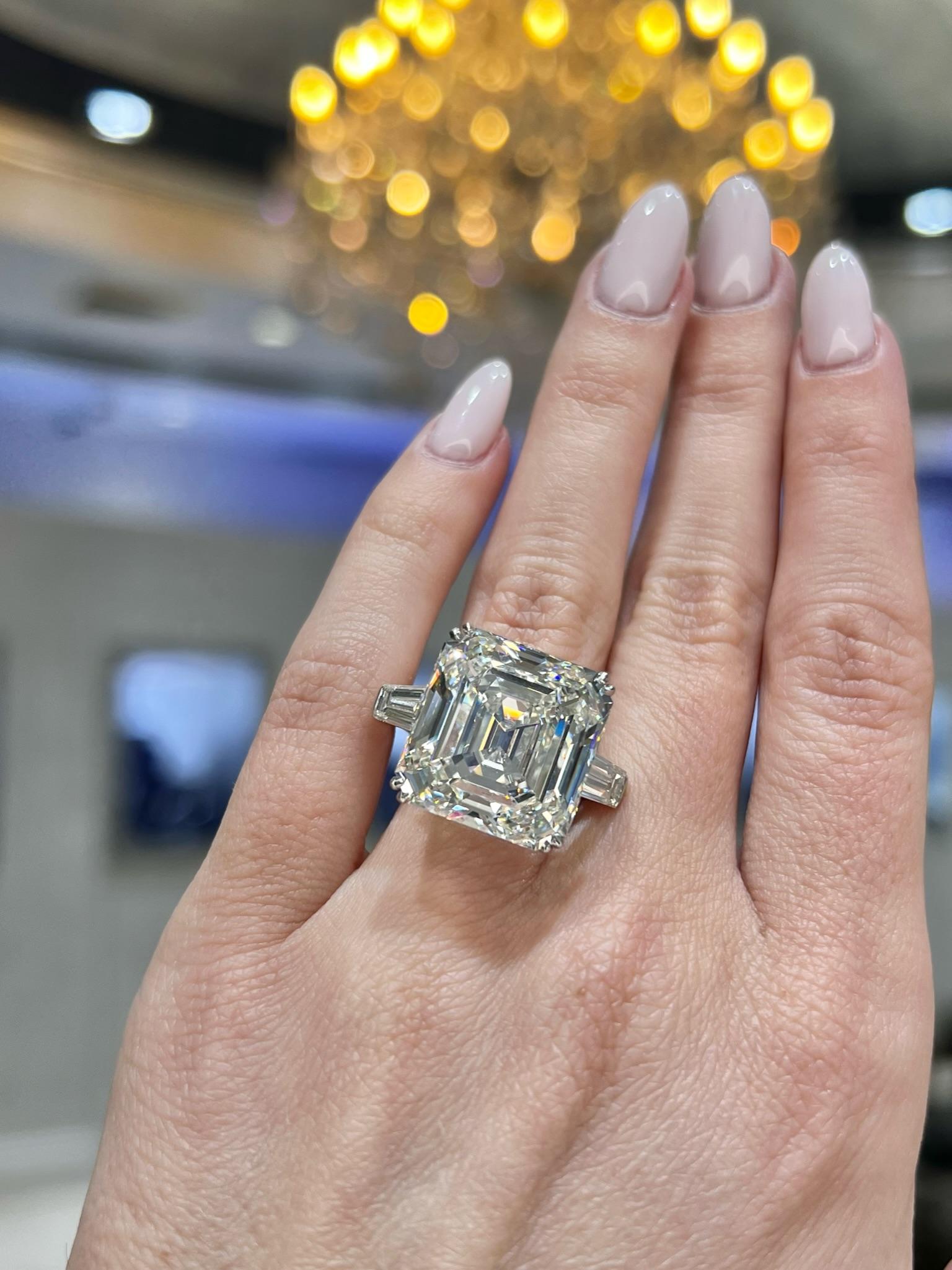 David Rosenberg 22.18 Carat Asscher Cut GIA Three Stone Diamond Engagement Ring For Sale 3