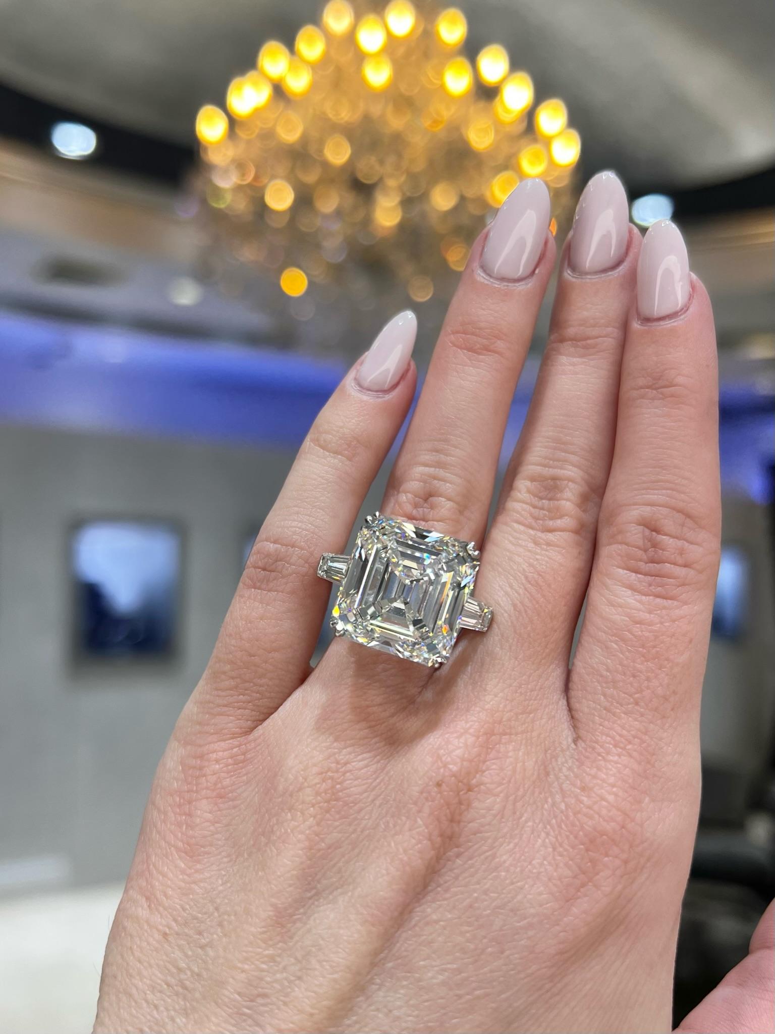 Modern David Rosenberg 22.18 Carat Asscher Cut GIA Three Stone Diamond Engagement Ring For Sale