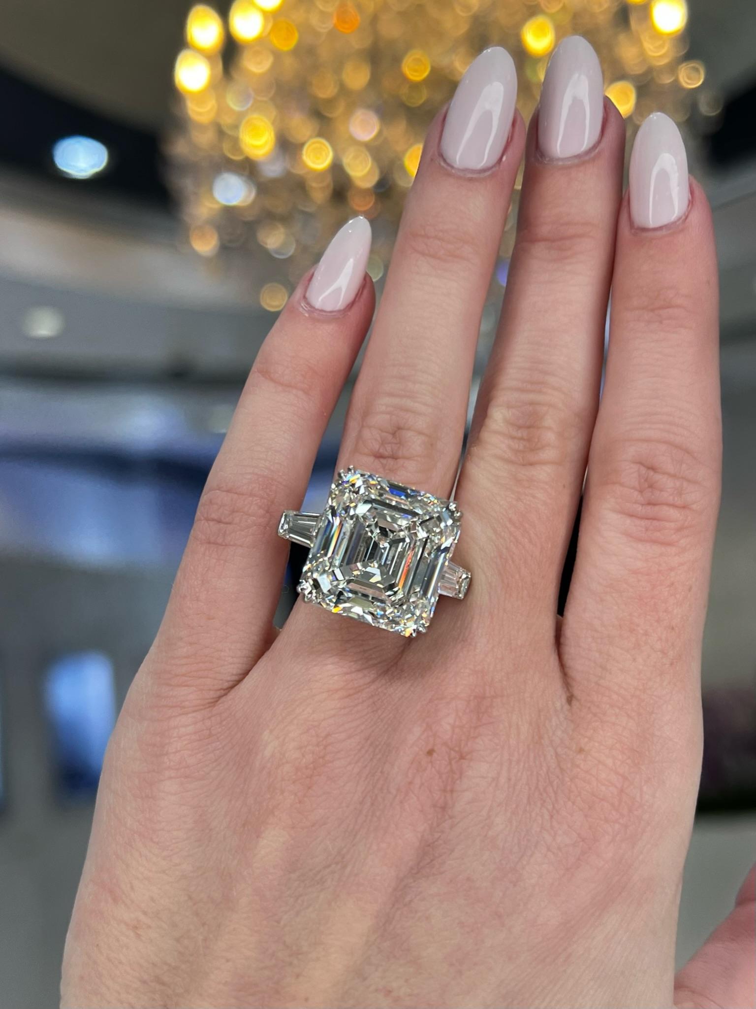 David Rosenberg 22.18 Carat Asscher Cut GIA Three Stone Diamond Engagement Ring In New Condition For Sale In Boca Raton, FL