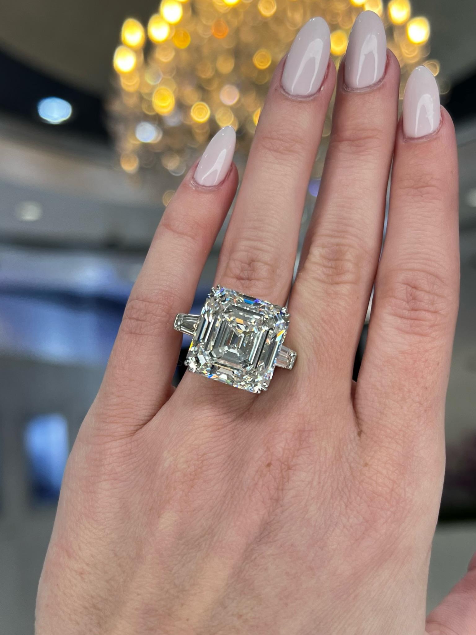Women's David Rosenberg 22.18 Carat Asscher Cut GIA Three Stone Diamond Engagement Ring For Sale