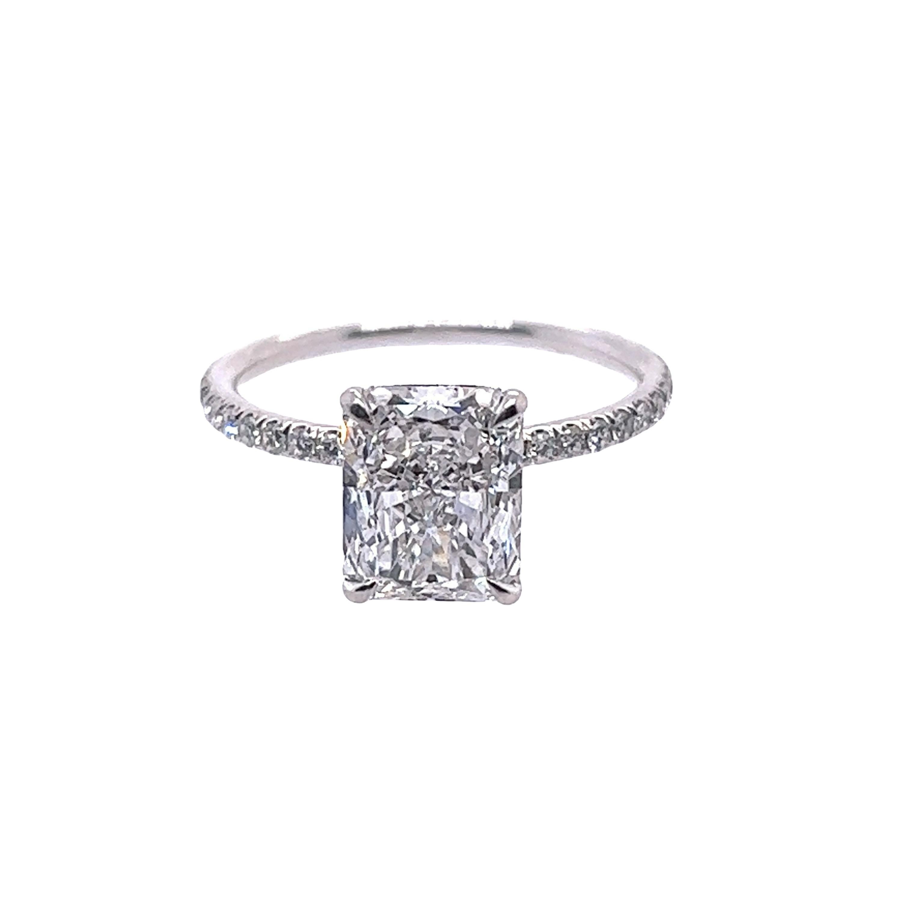 Rosenberg Diamonds & Co. 2.30 carat Radiant cut D color Flawless clarity is accompanied by a GIA certificate. This exquisite Radiant cut is full of brilliance and it is set in a handmade platinum setting. This ring continues its elegance with a