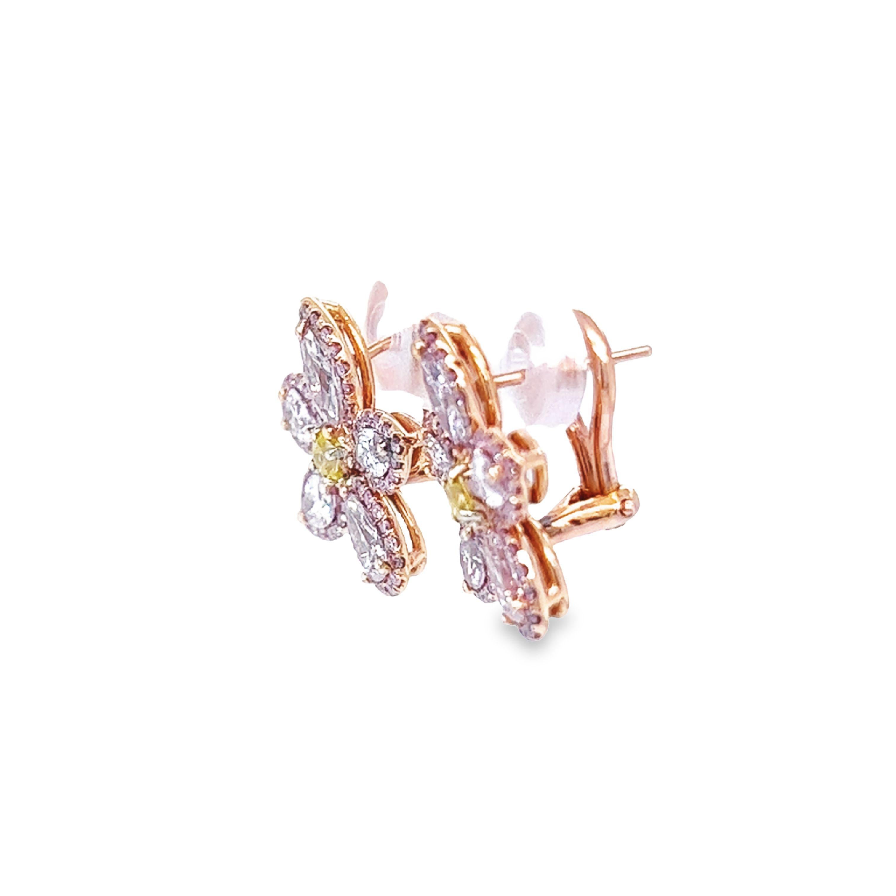 David Rosenberg 2.35 Carat Pink & Green GIA Flower Diamond Stud Earring For Sale 3