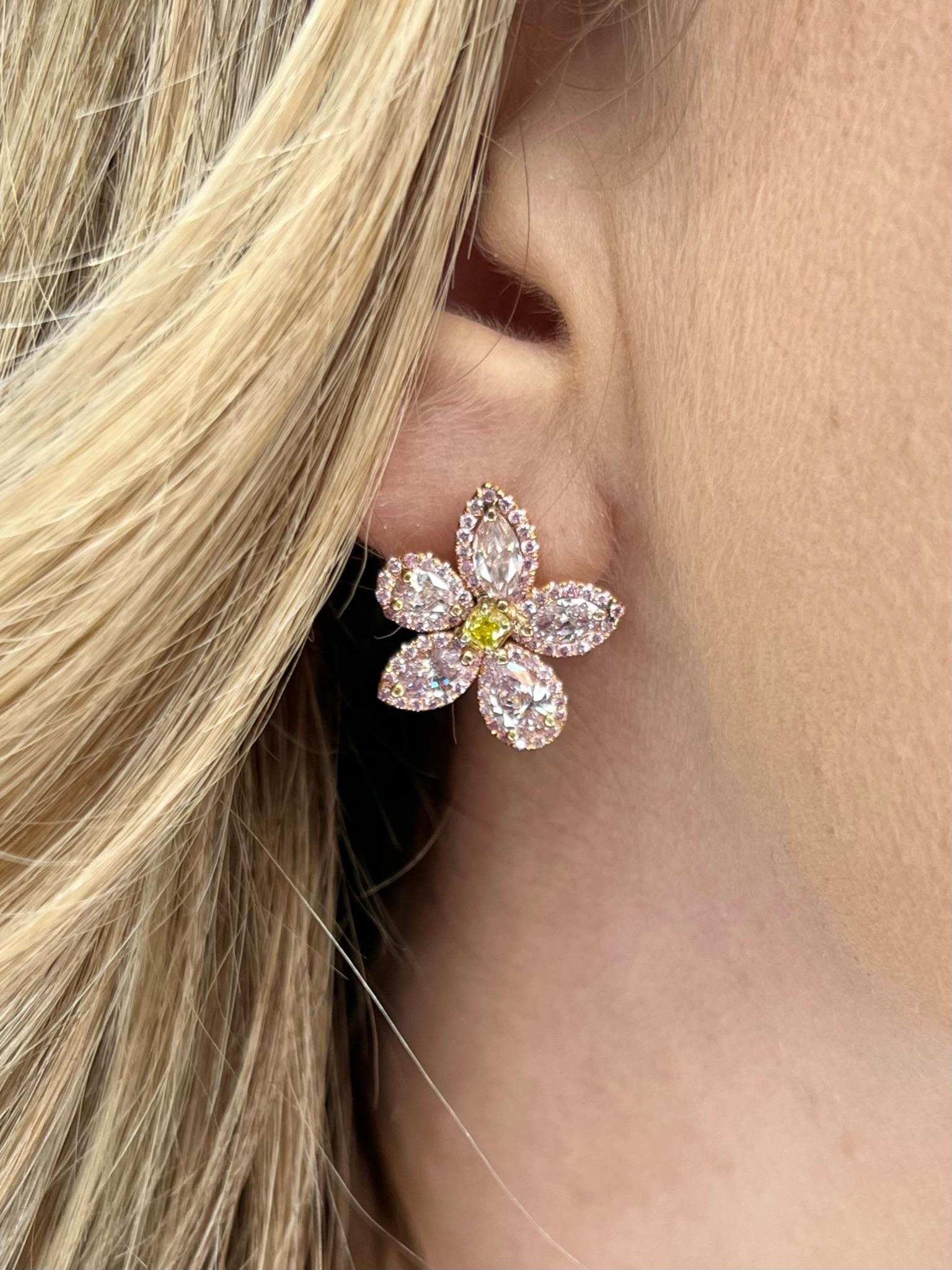 David Rosenberg 2.35 Carat Pink & Green GIA Flower Diamond Stud Earring For Sale 5