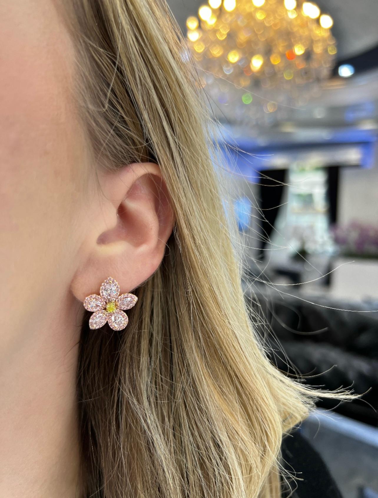 David Rosenberg 2.35 Carat Pink & Green GIA Flower Diamond Stud Earring For Sale 6