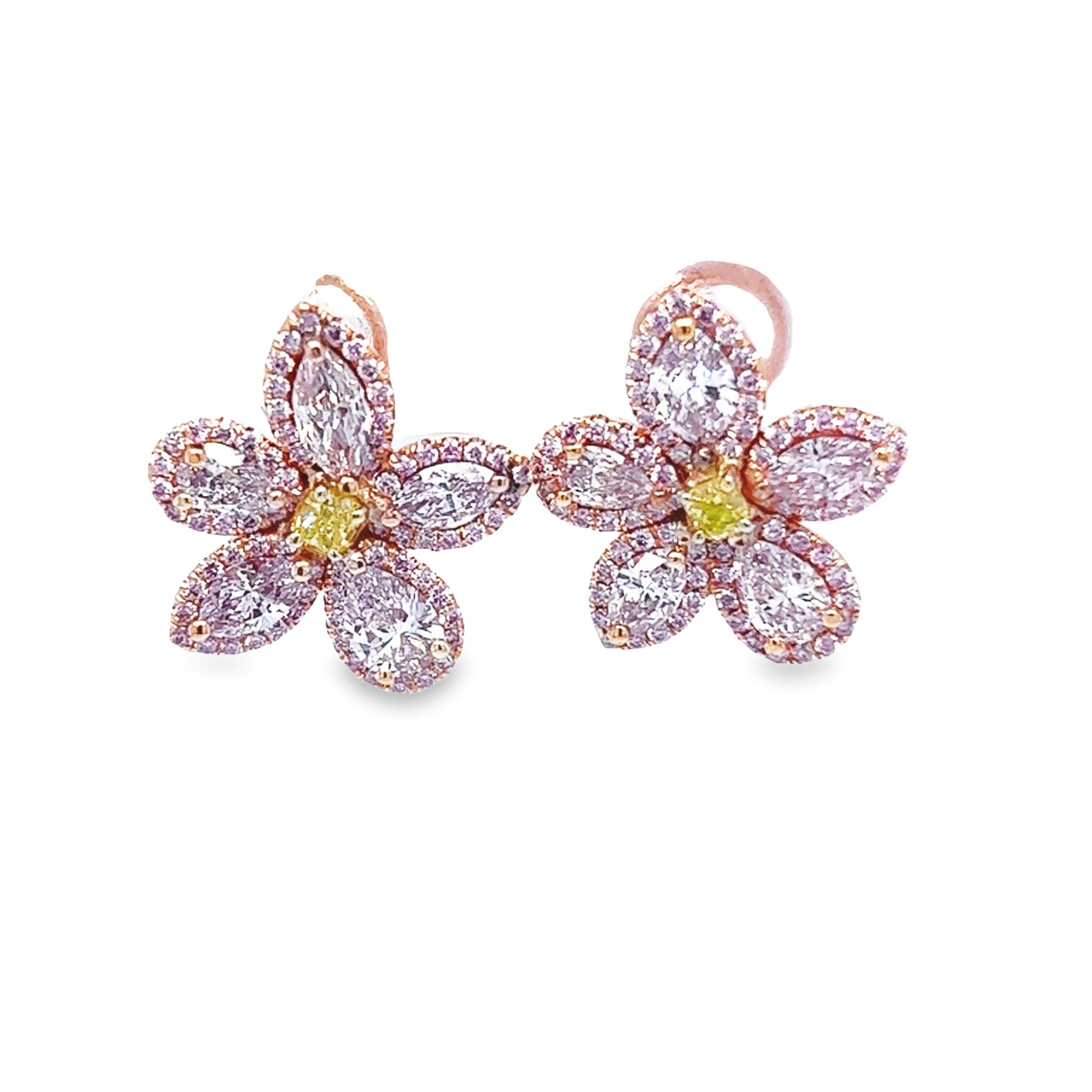 A gorgeous matched pair of flower diamond earrings with 2.35 total carat weight Pear &  Marquise shape Fancy Light Purplish Pink to Light Pink and .28tw Fancy Intense Green Yellow Radiant all GIA Certified. These gorgeous light weight earrings are