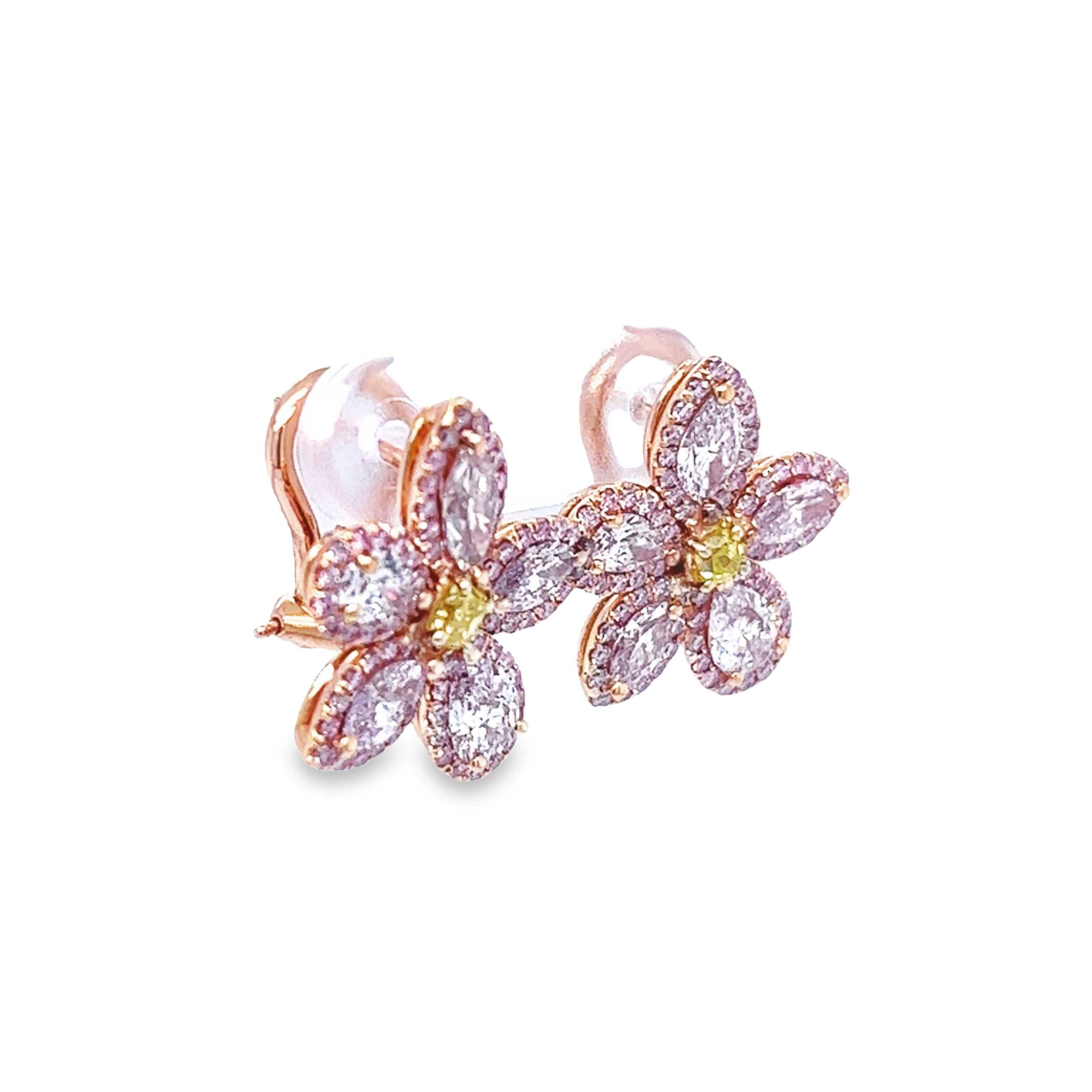 Women's or Men's David Rosenberg 2.35 Carat Pink & Green GIA Flower Diamond Stud Earring For Sale
