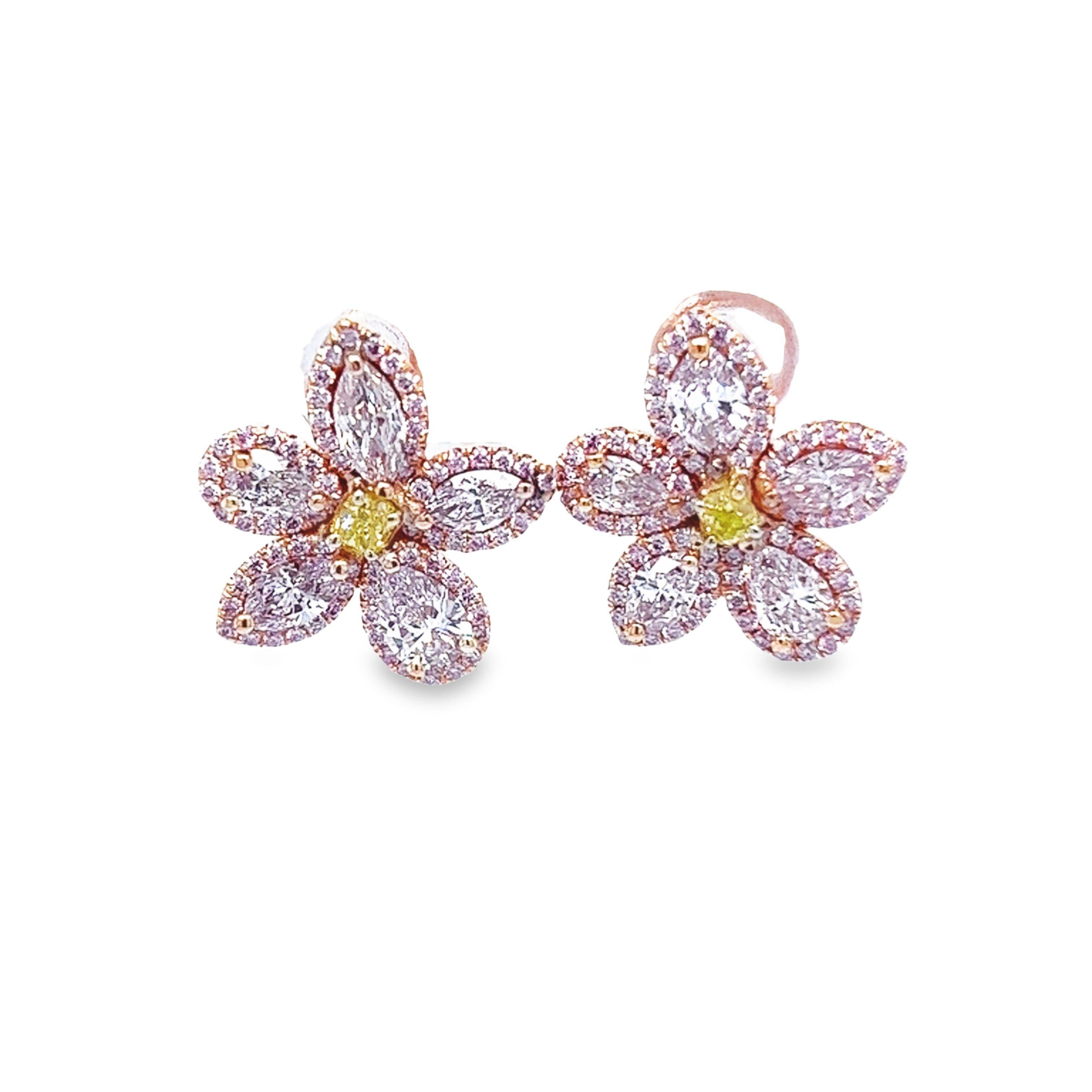 David Rosenberg 2.35 Carat Pink & Green GIA Flower Diamond Stud Earring For Sale 1