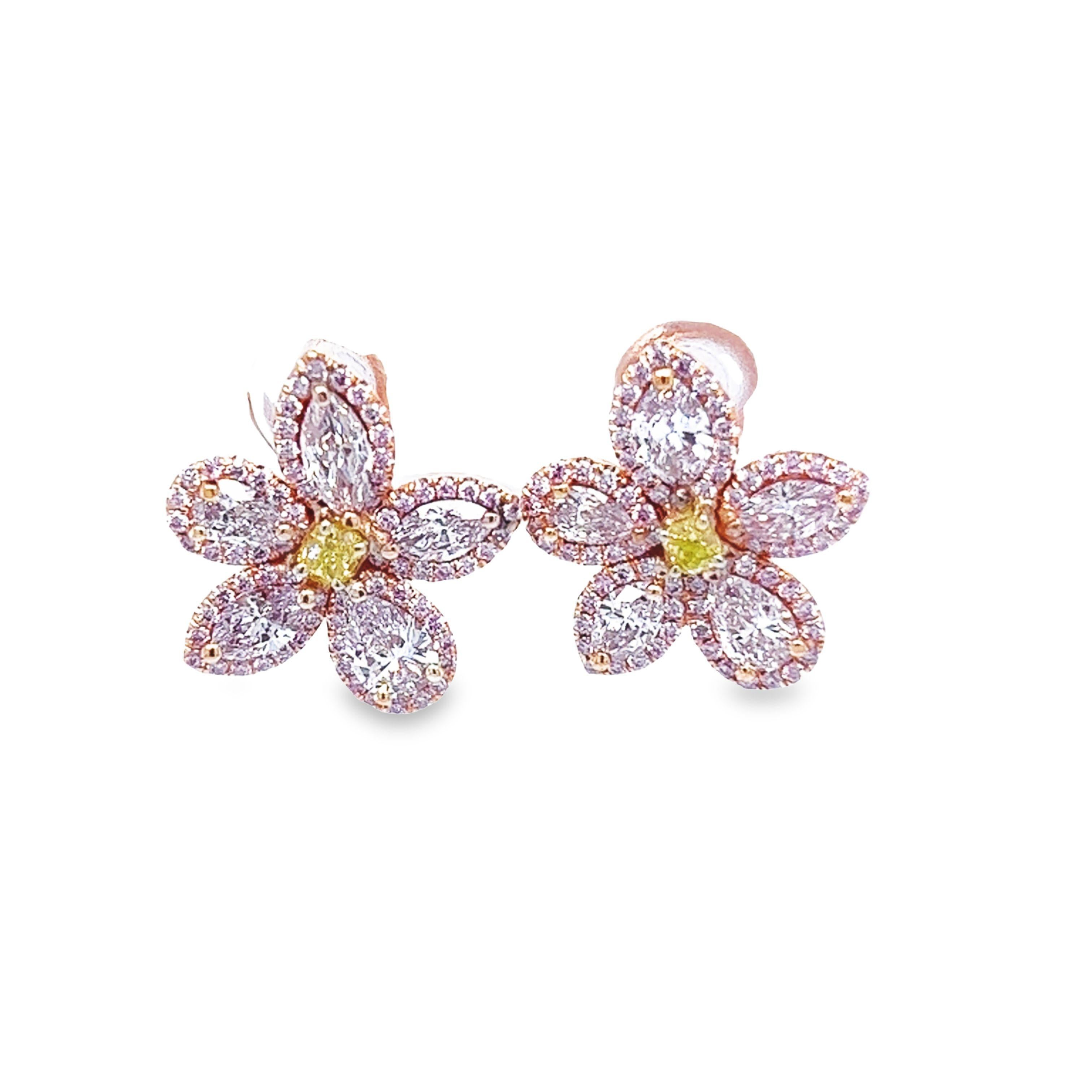 David Rosenberg 2.35 Carat Pink & Green GIA Flower Diamond Stud Earring For Sale 2