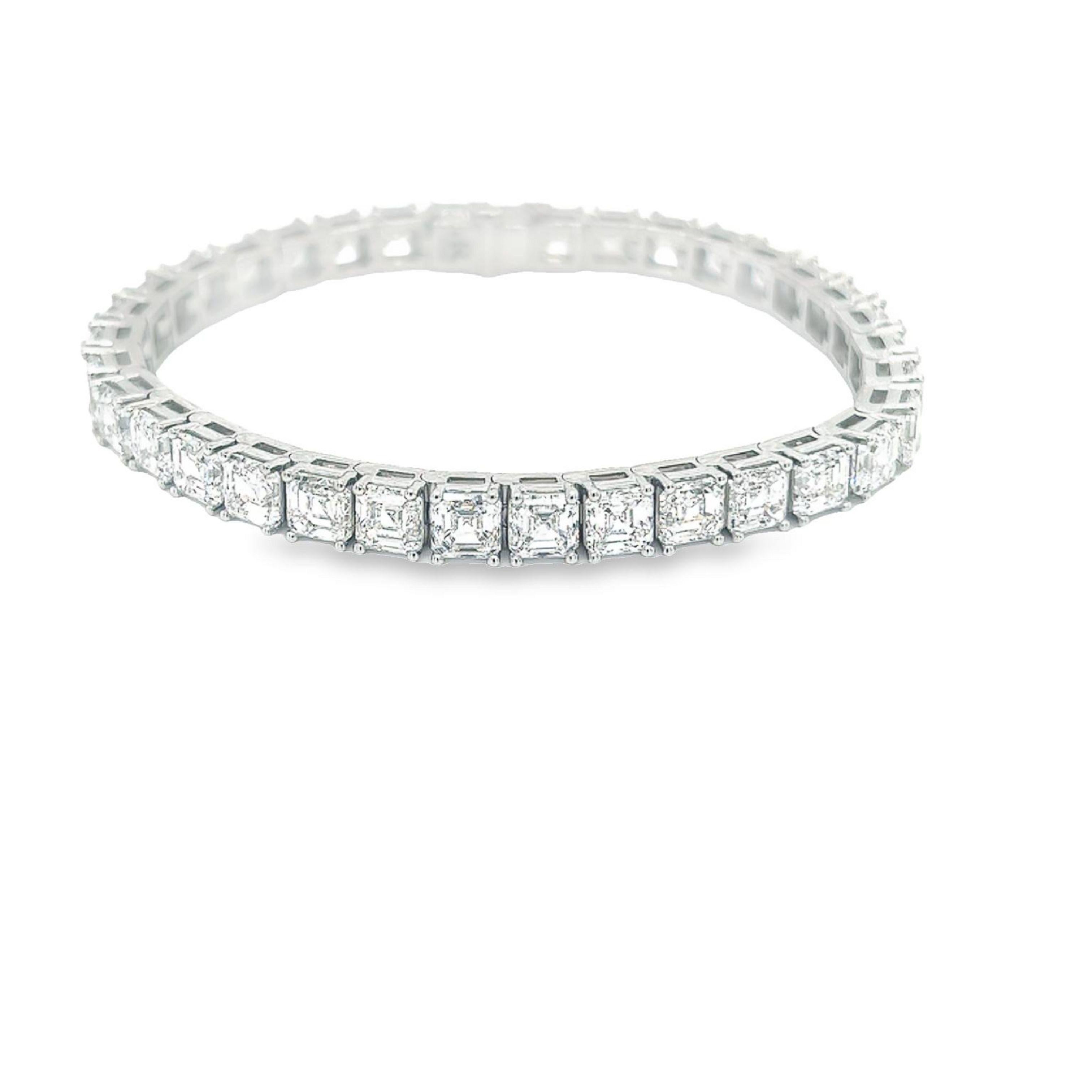 Rosenberg Diamonds & Co. 24.66 carat total weight Asscher cut 7 inch diamond tennis bracelet set in platinum. This beautiful straight line bracelet consists of .70 carats, D-F in color VS2-IF in clarity. Each 35 stones are perfectly matched, top