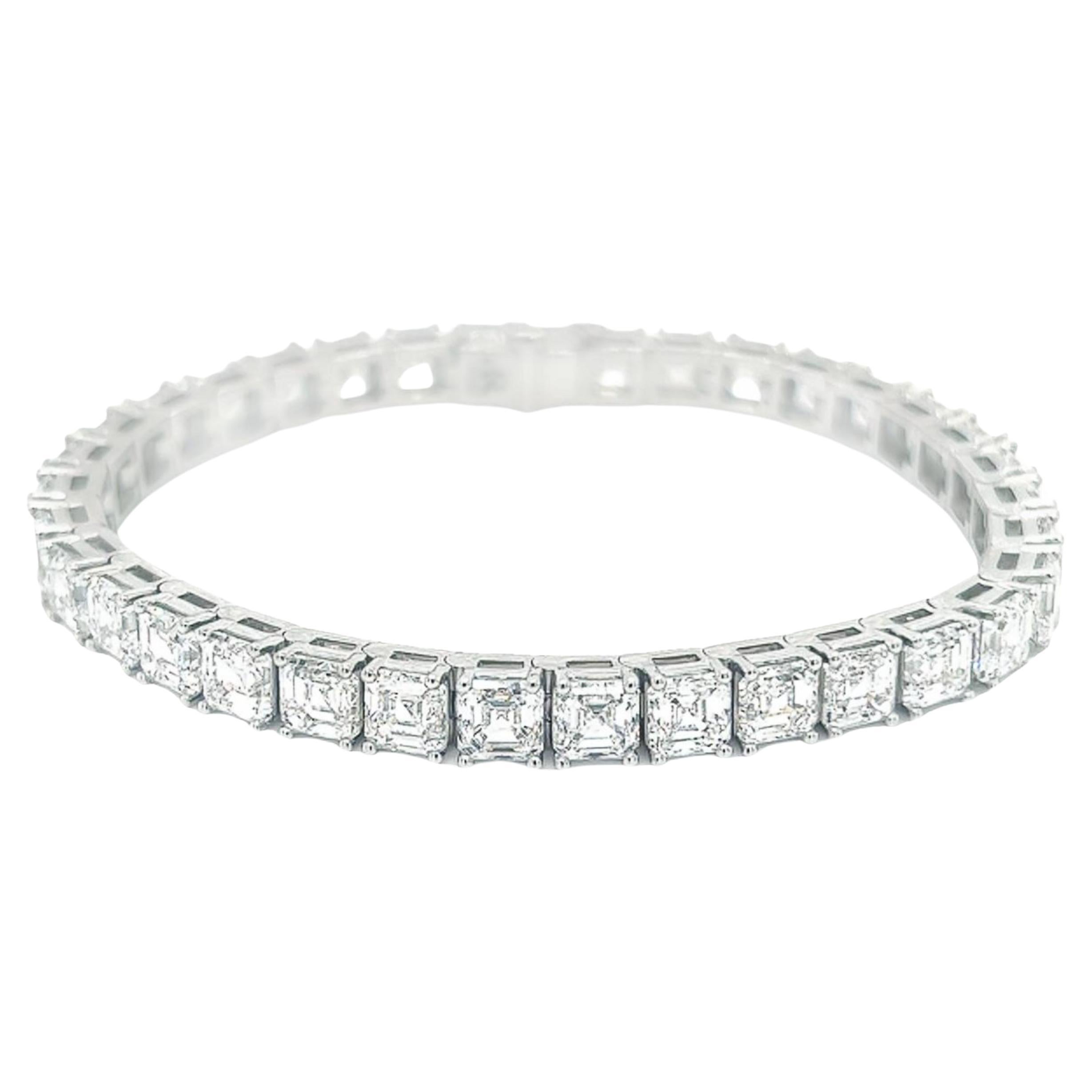 David Rosenberg Bracelet tennis en diamants blancs taille Asscher de 24,66 carats certifiés GIA  en vente