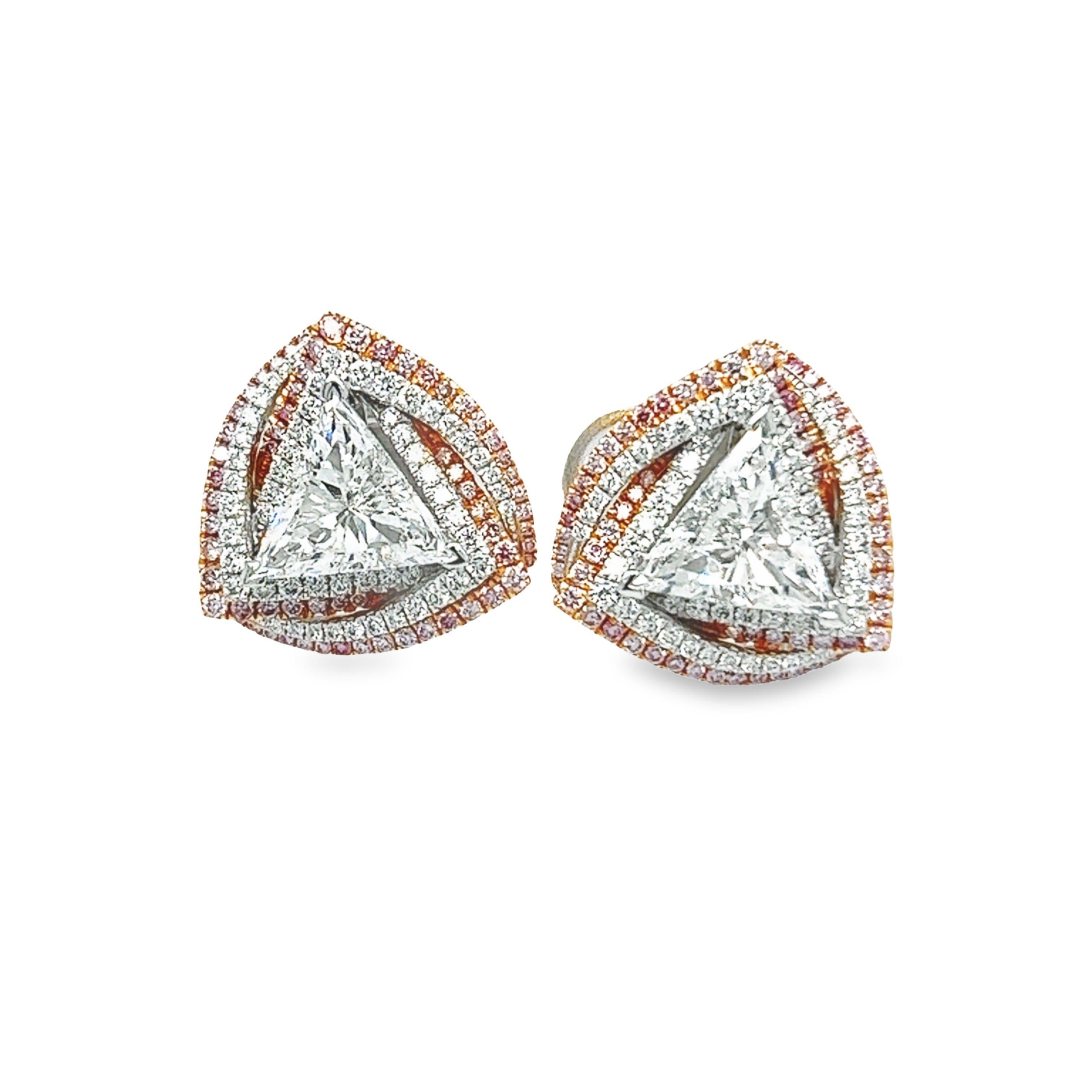 David Rosenberg 2.48 Carat White & Pink GIA Triangle Diamond Stud Earring For Sale 1