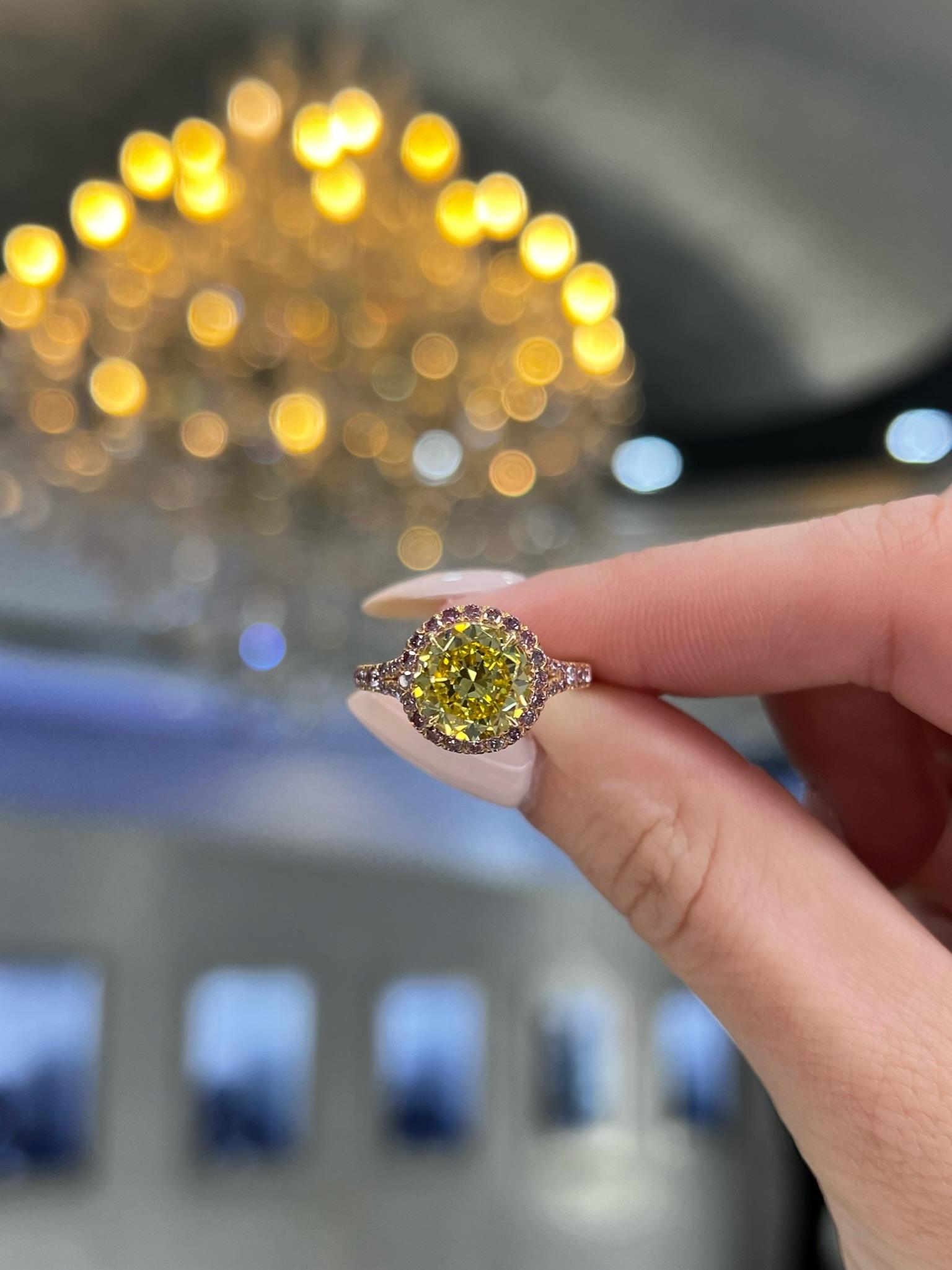 David Rosenberg 2.61 Carat Round Fancy Vivid Yellow GIA Diamond Engagement Ring For Sale 3