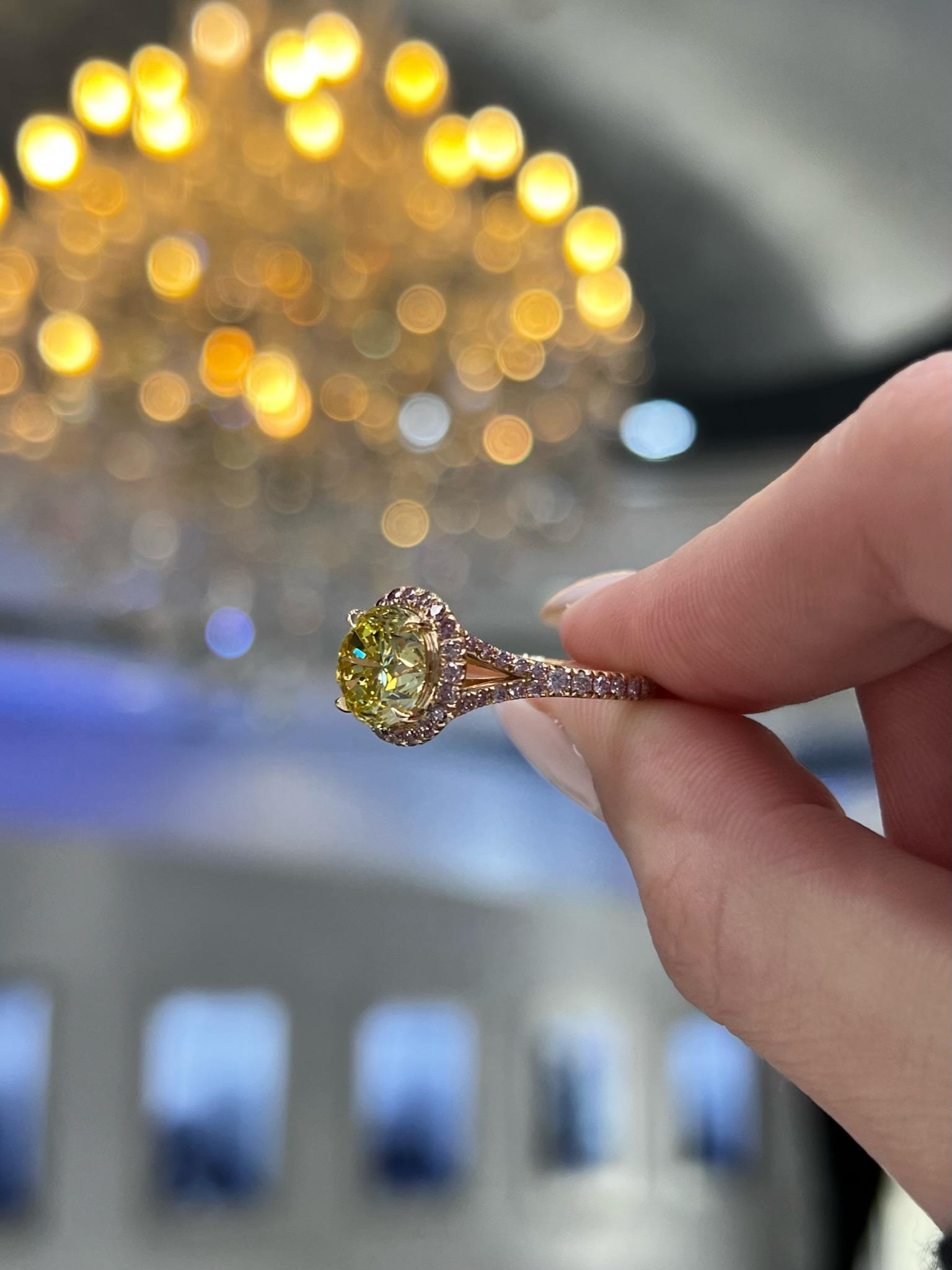 David Rosenberg 2.61 Carat Round Fancy Vivid Yellow GIA Diamond Engagement Ring For Sale 4
