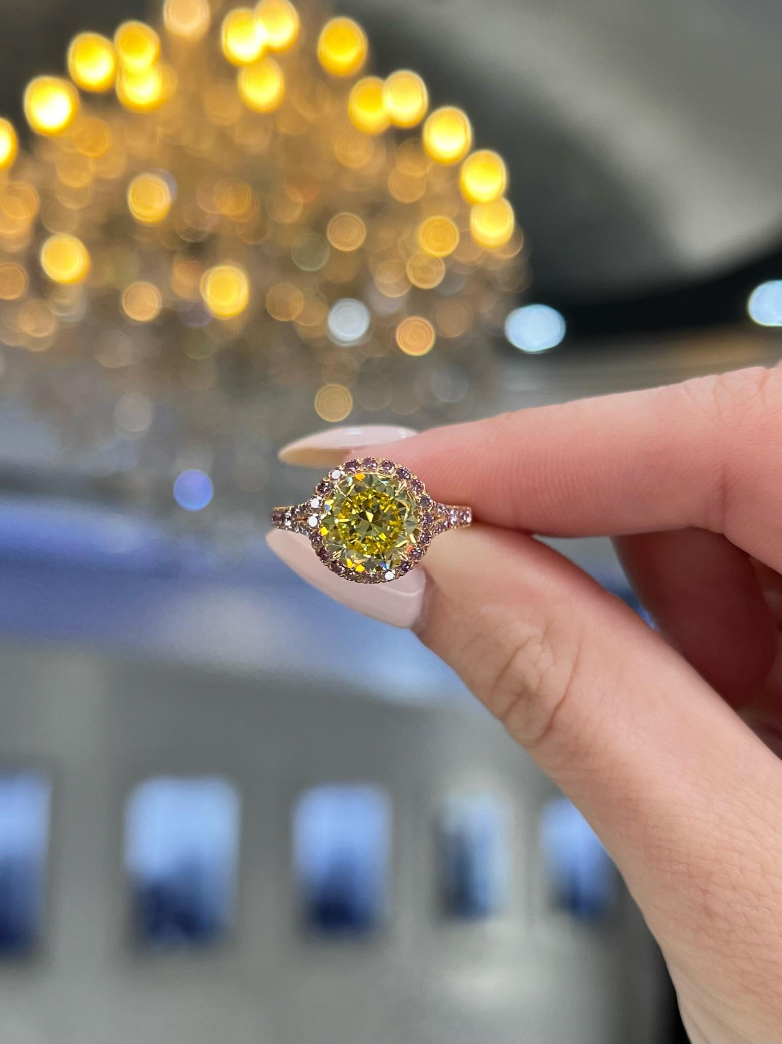 David Rosenberg 2.61 Carat Round Fancy Vivid Yellow GIA Diamond Engagement Ring For Sale 6