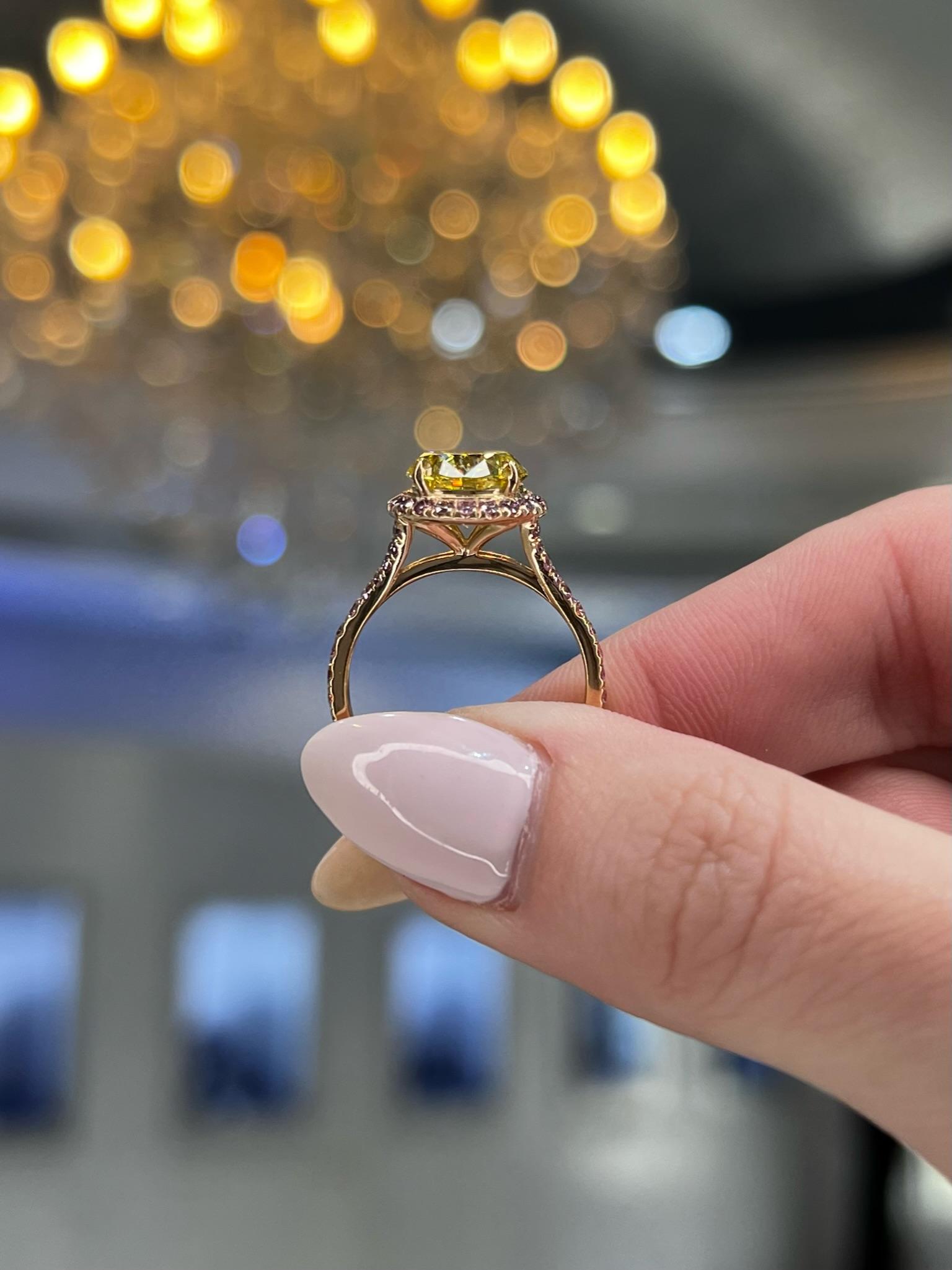 David Rosenberg 2.61 Carat Round Fancy Vivid Yellow GIA Diamond Engagement Ring For Sale 7