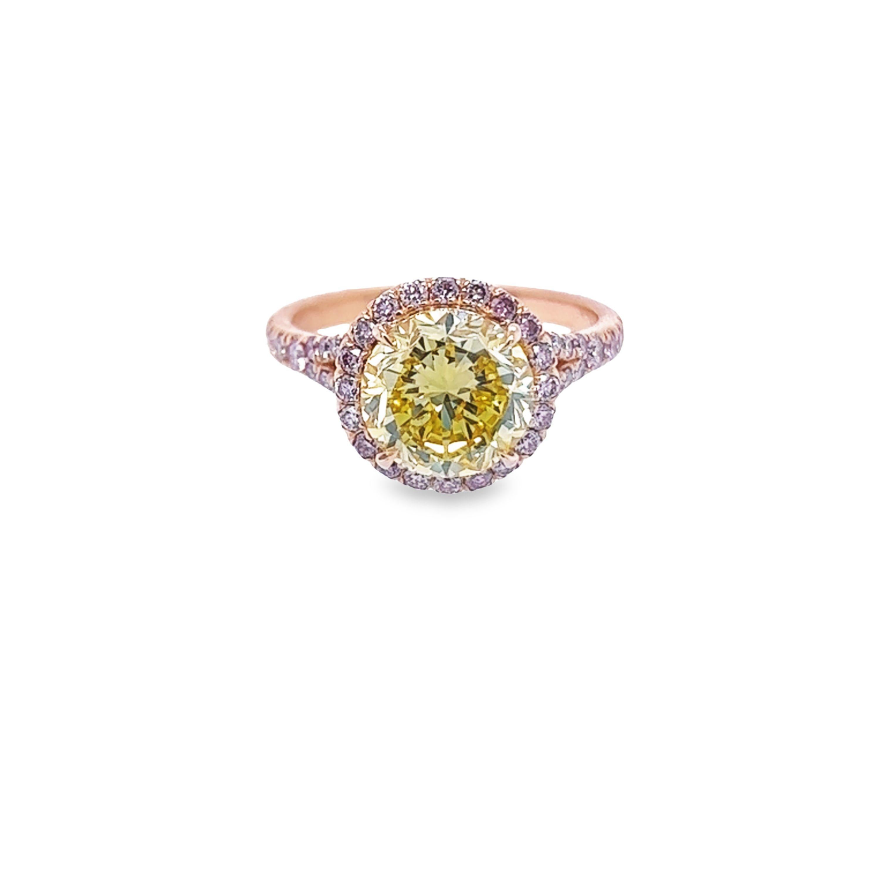 Round Cut David Rosenberg 2.61 Carat Round Fancy Vivid Yellow GIA Diamond Engagement Ring For Sale