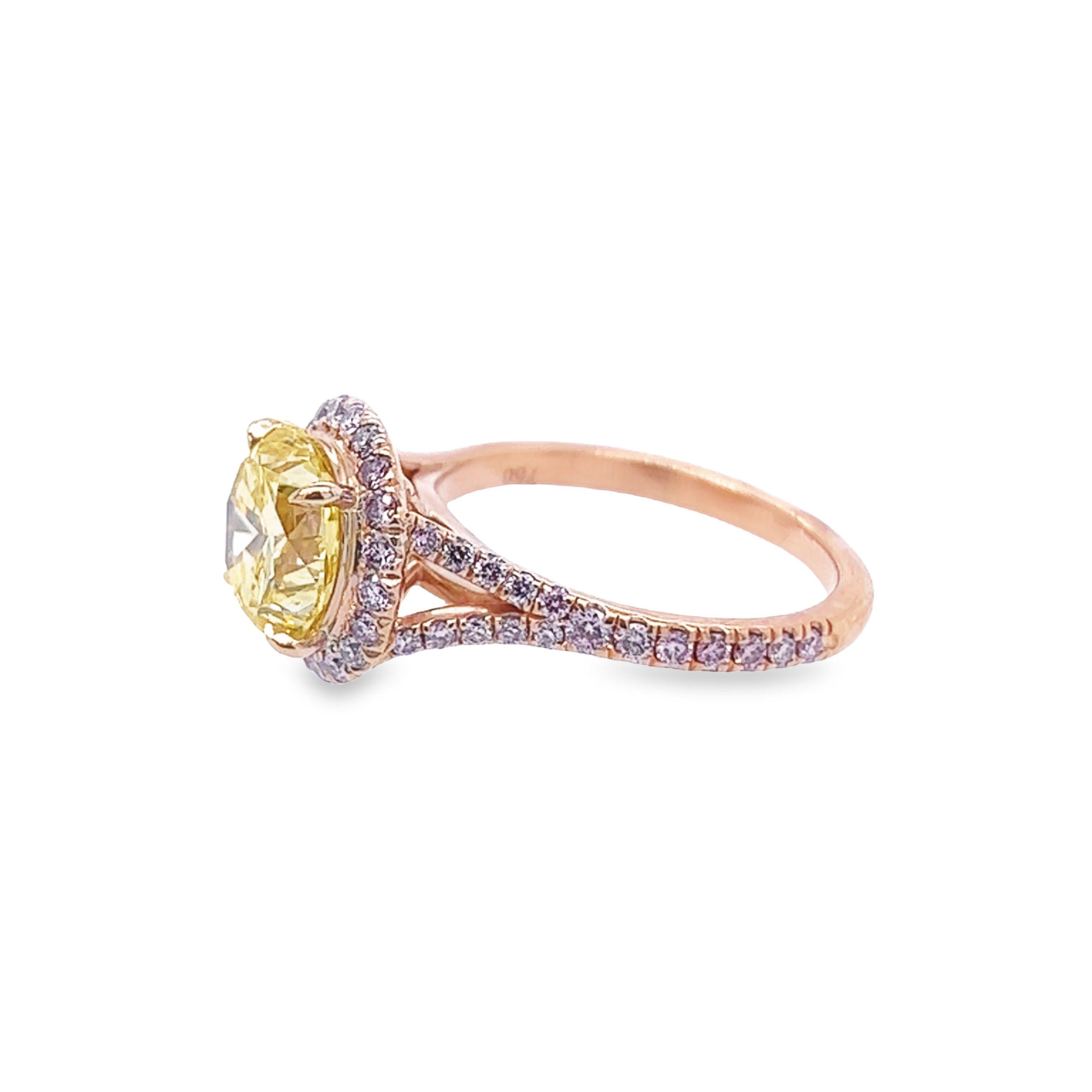 David Rosenberg 2.61 Carat Round Fancy Vivid Yellow GIA Diamond Engagement Ring For Sale 2