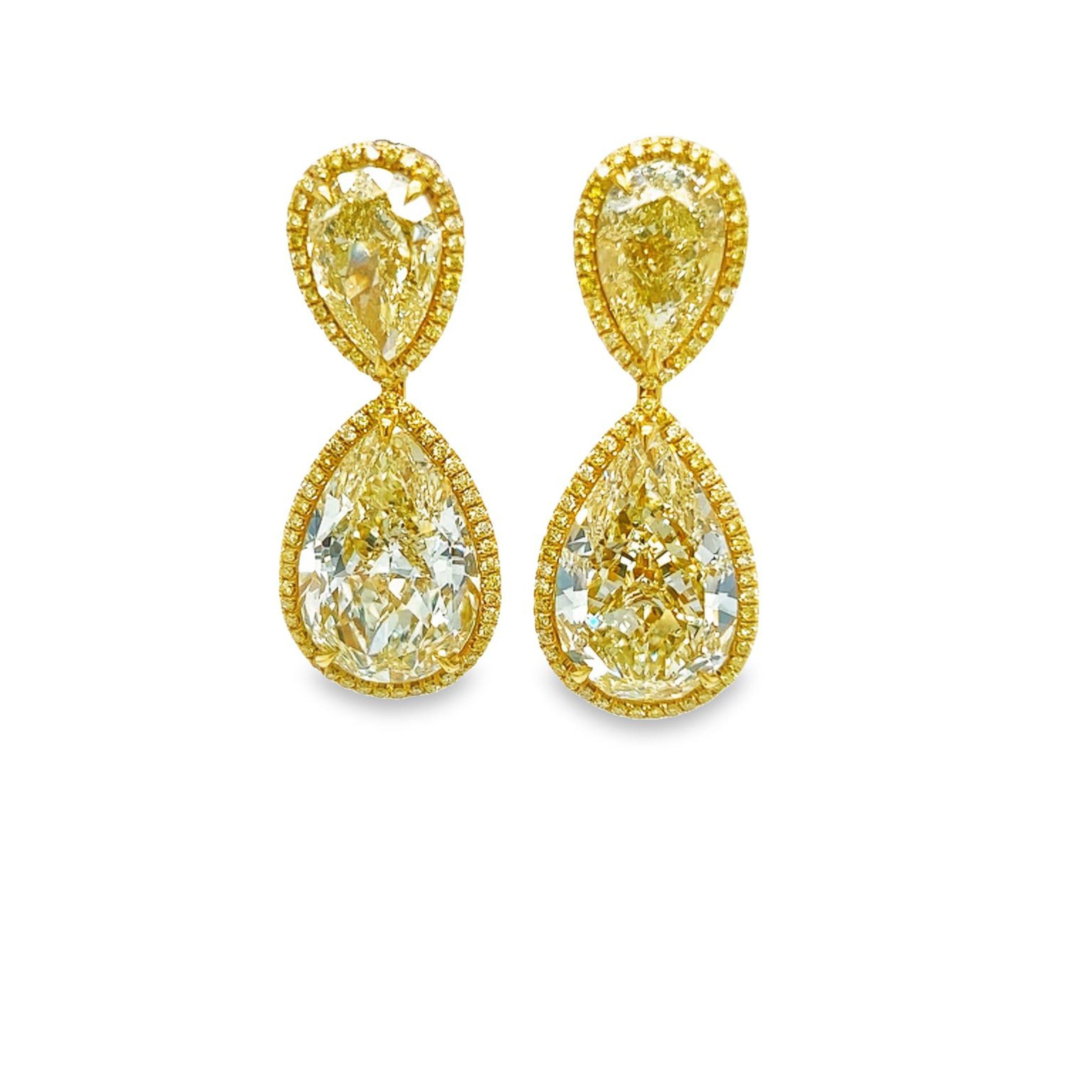 Modern David Rosenberg 27.39 Carat Pear Shape Fancy Yellow GIA Diamond Drop Earrings For Sale