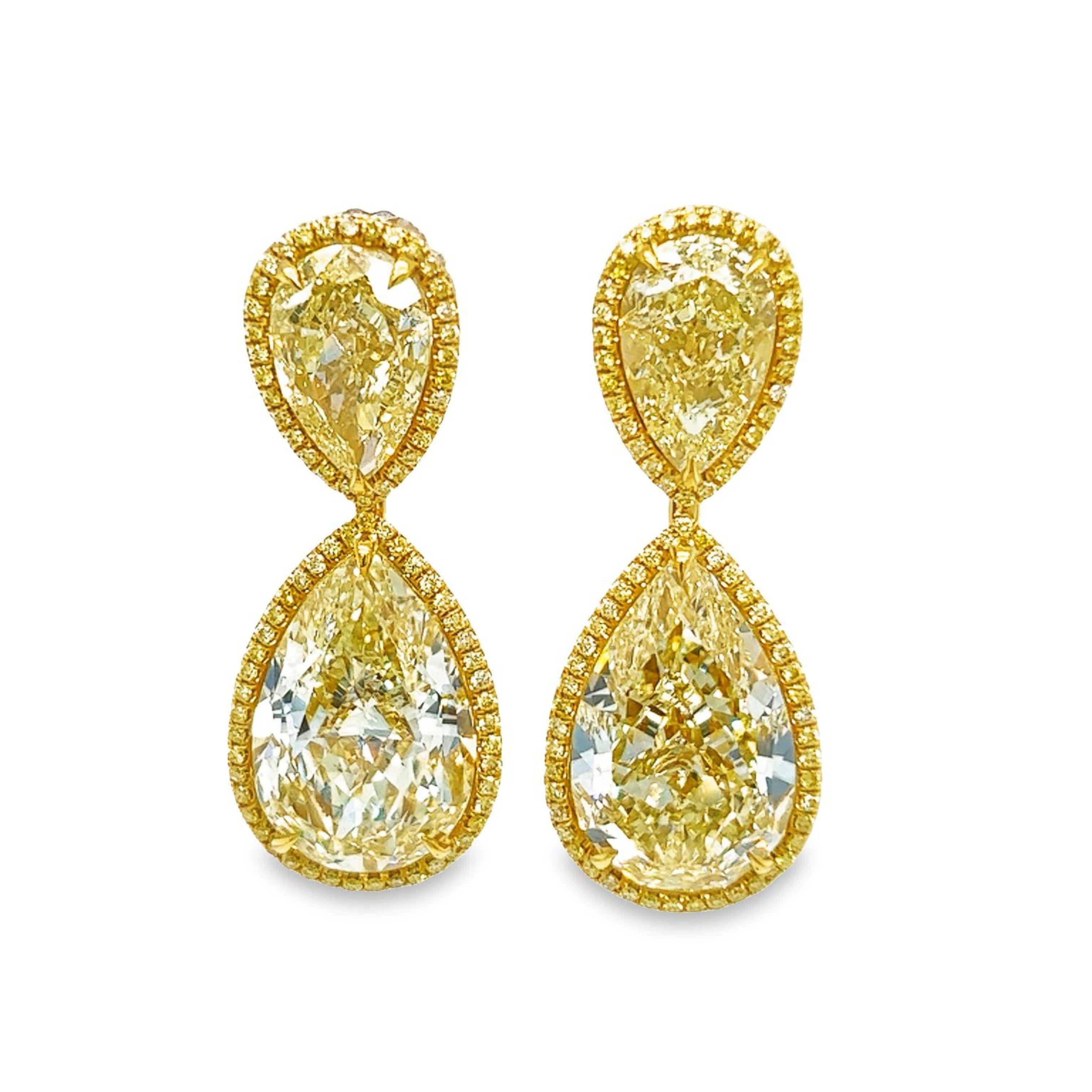 David Rosenberg 27.39 Carat Pear Shape Fancy Yellow GIA Diamond Drop Earrings In New Condition For Sale In Boca Raton, FL