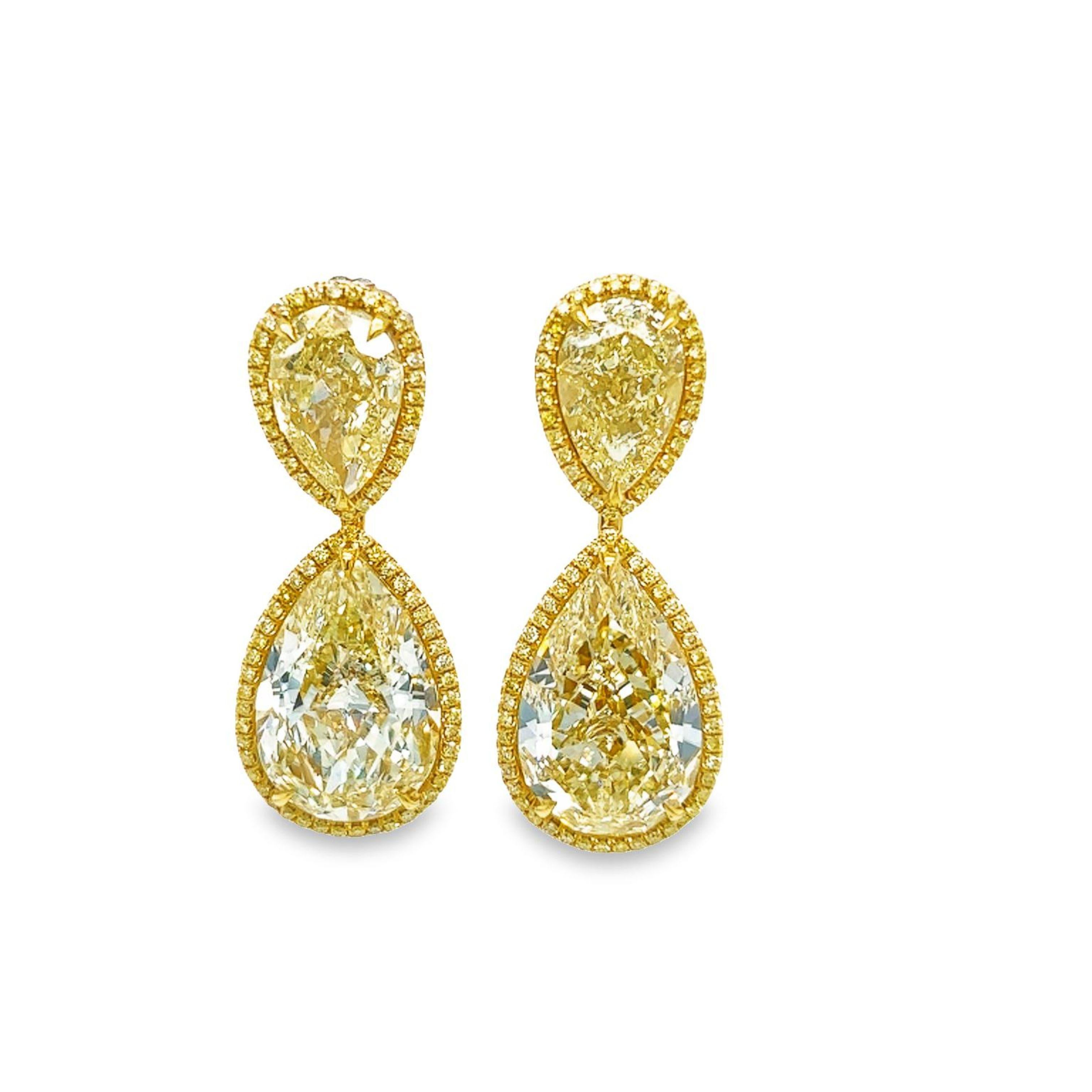 Women's David Rosenberg 27.39 Carat Pear Shape Fancy Yellow GIA Diamond Drop Earrings For Sale