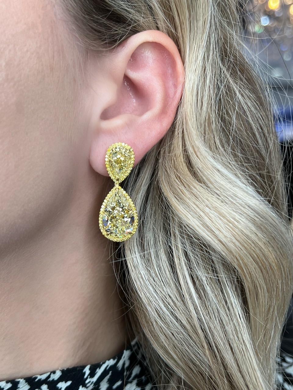 David Rosenberg 27.39 Carat Pear Shape Fancy Yellow GIA Diamond Drop Earrings For Sale 5