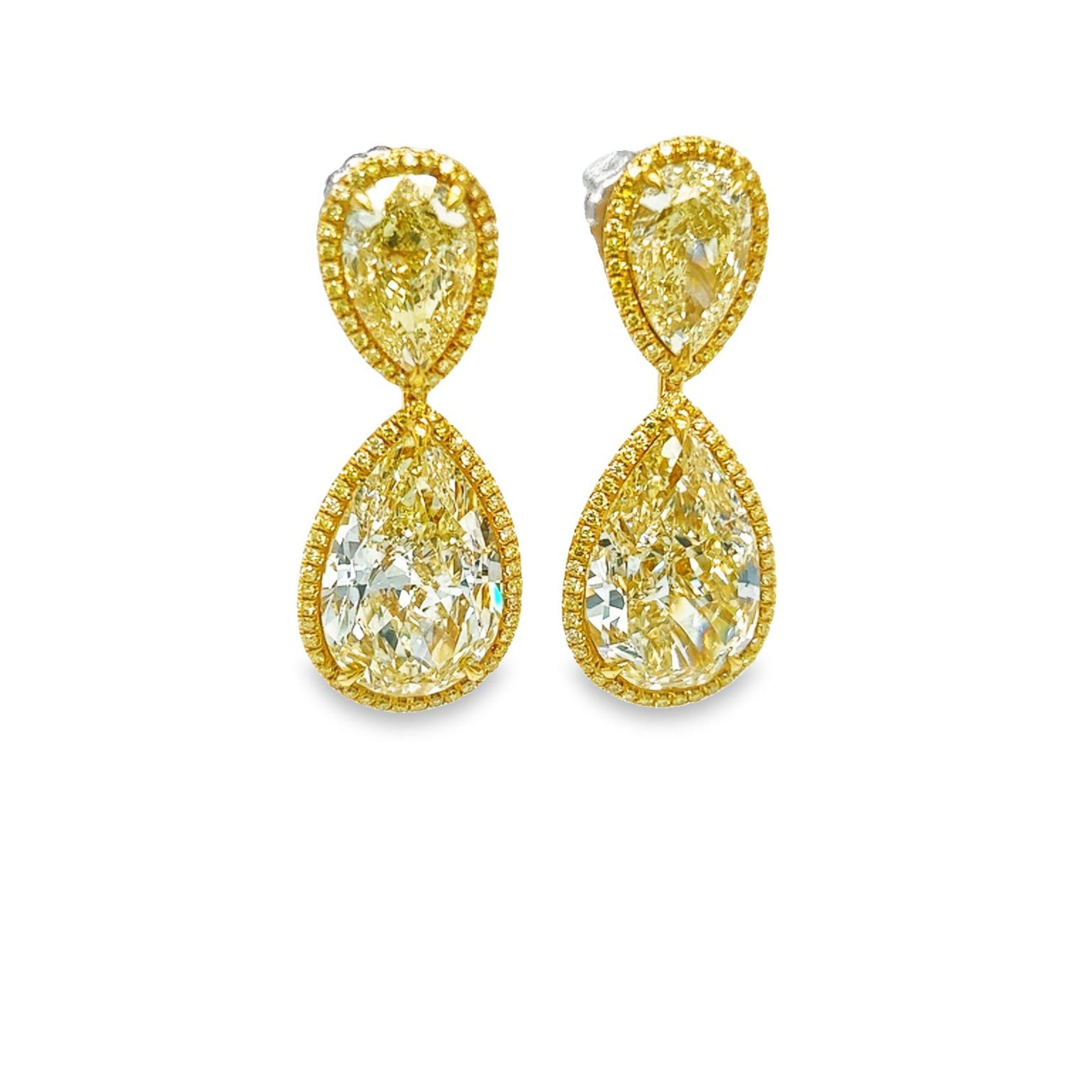 Taille poire David Rosenberg, pendants d'oreilles en forme de poire en diamant jaune fantaisie de 27,39 carats certifié GIA en vente