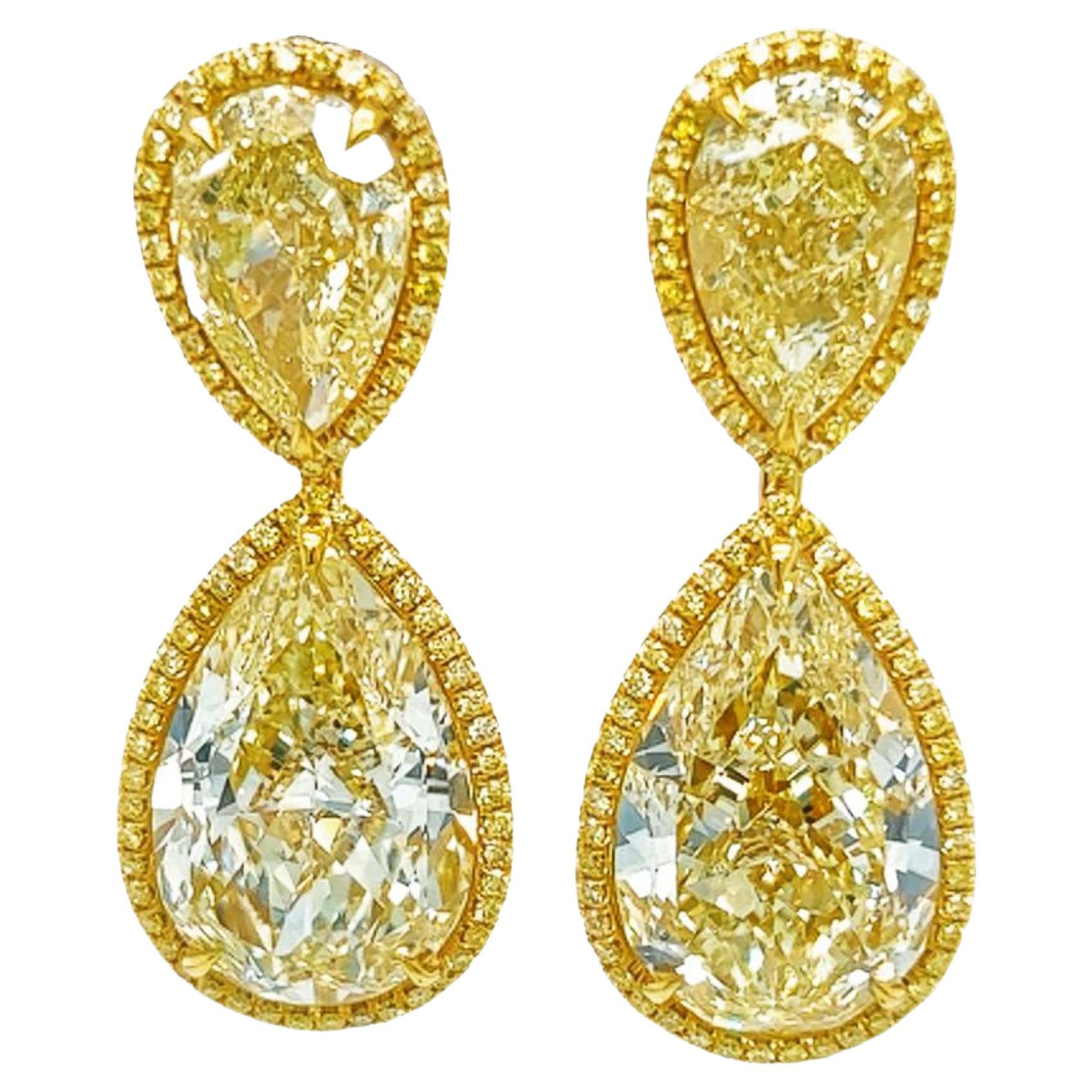 David Rosenberg 27.39 Carat Pear Shape Fancy Yellow GIA Diamond Drop Earrings For Sale