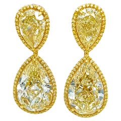 Antique David Rosenberg 27.39 Carat Pear Shape Fancy Yellow GIA Diamond Drop Earrings