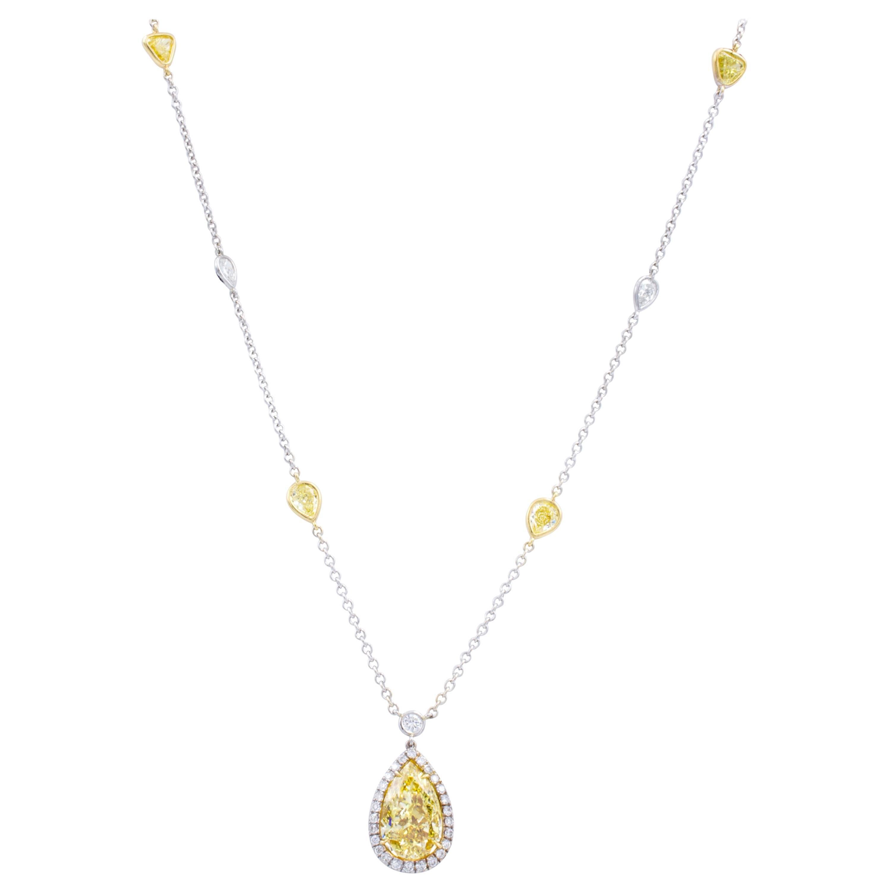 David Rosenberg 2.82ct Fancy Intense Yellow Pear Shape Diamond Pendant Necklace