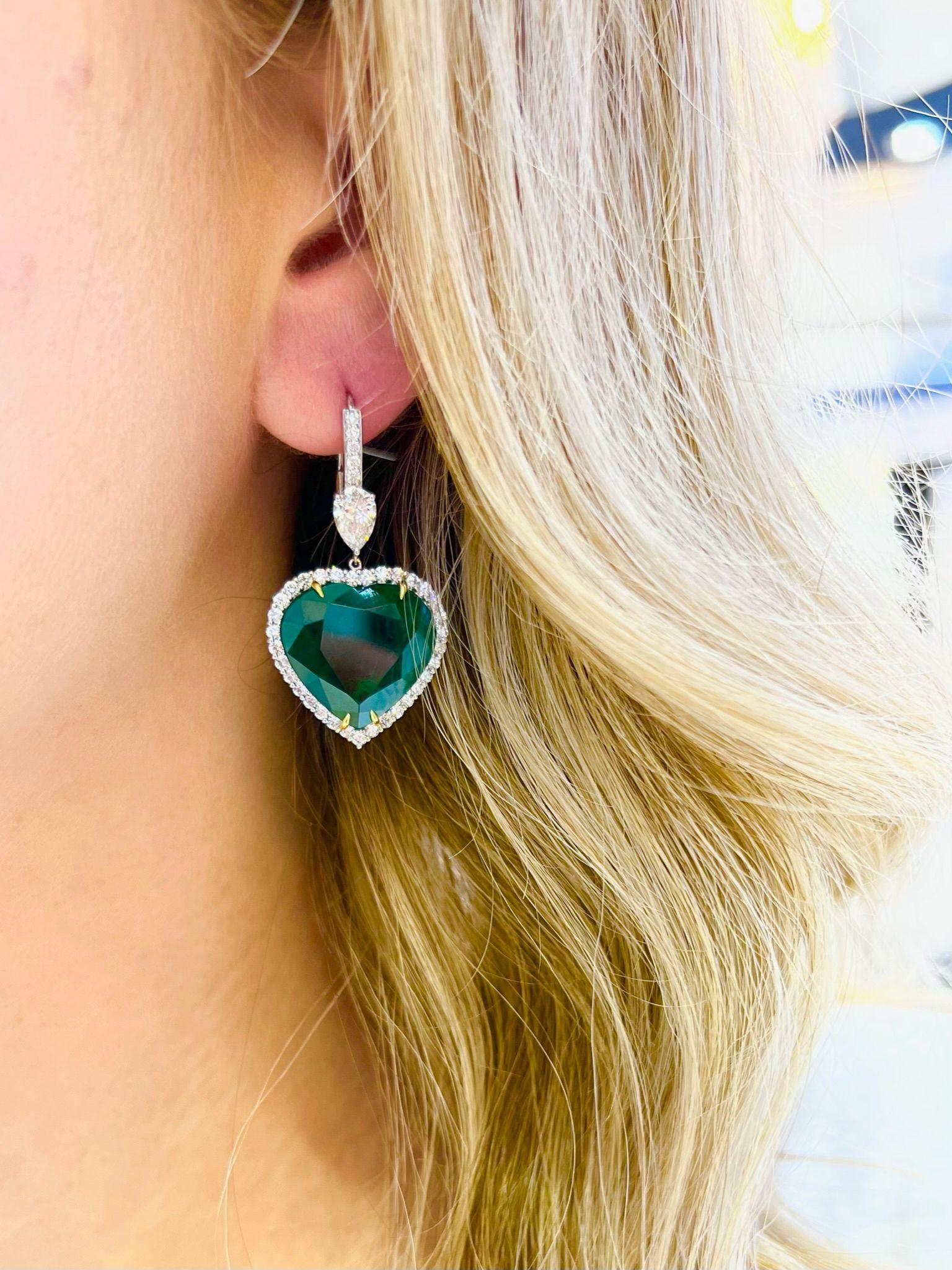 David Rosenberg 30.36 Carat Heart Shape Green Zambian Emerald Diamond Earrings For Sale 1